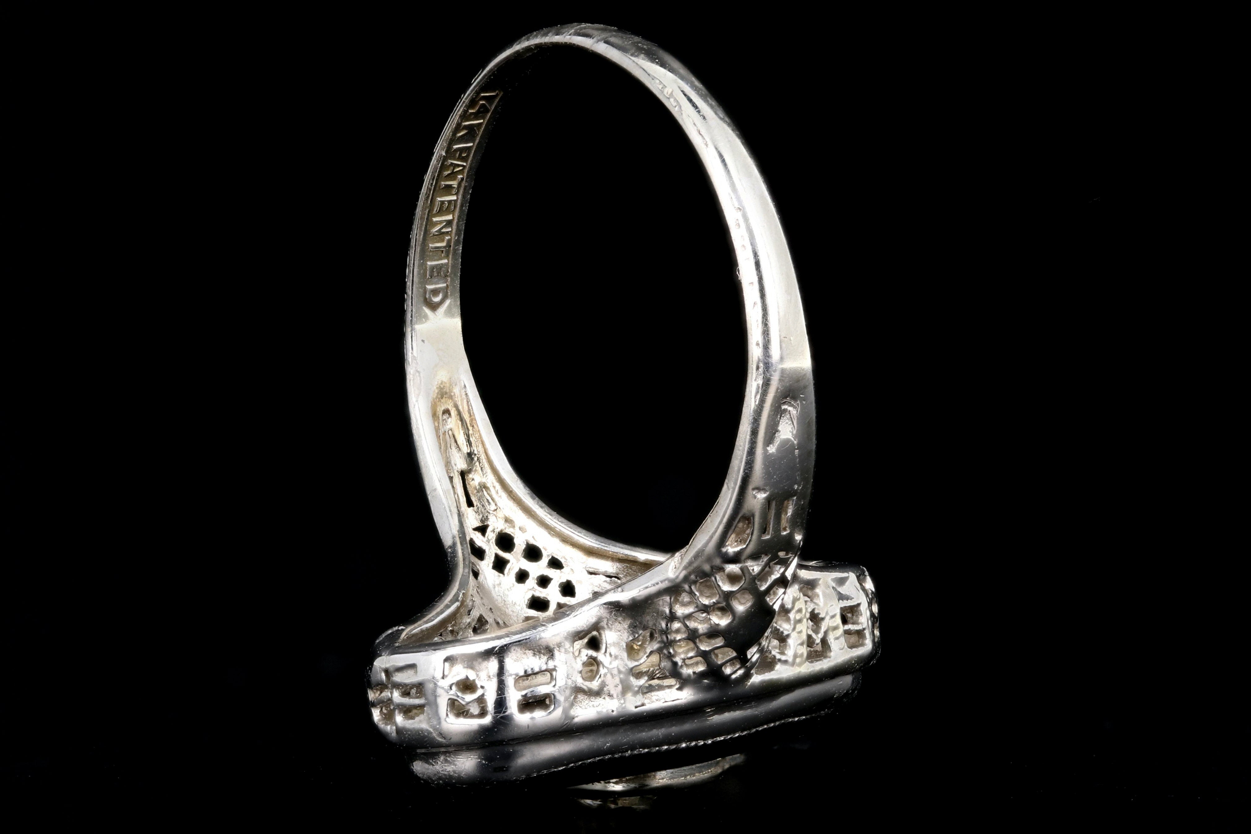Art Deco 14K White Gold .25CT Old European Cut Diamond and Oynx Filigree Ring - Queen May