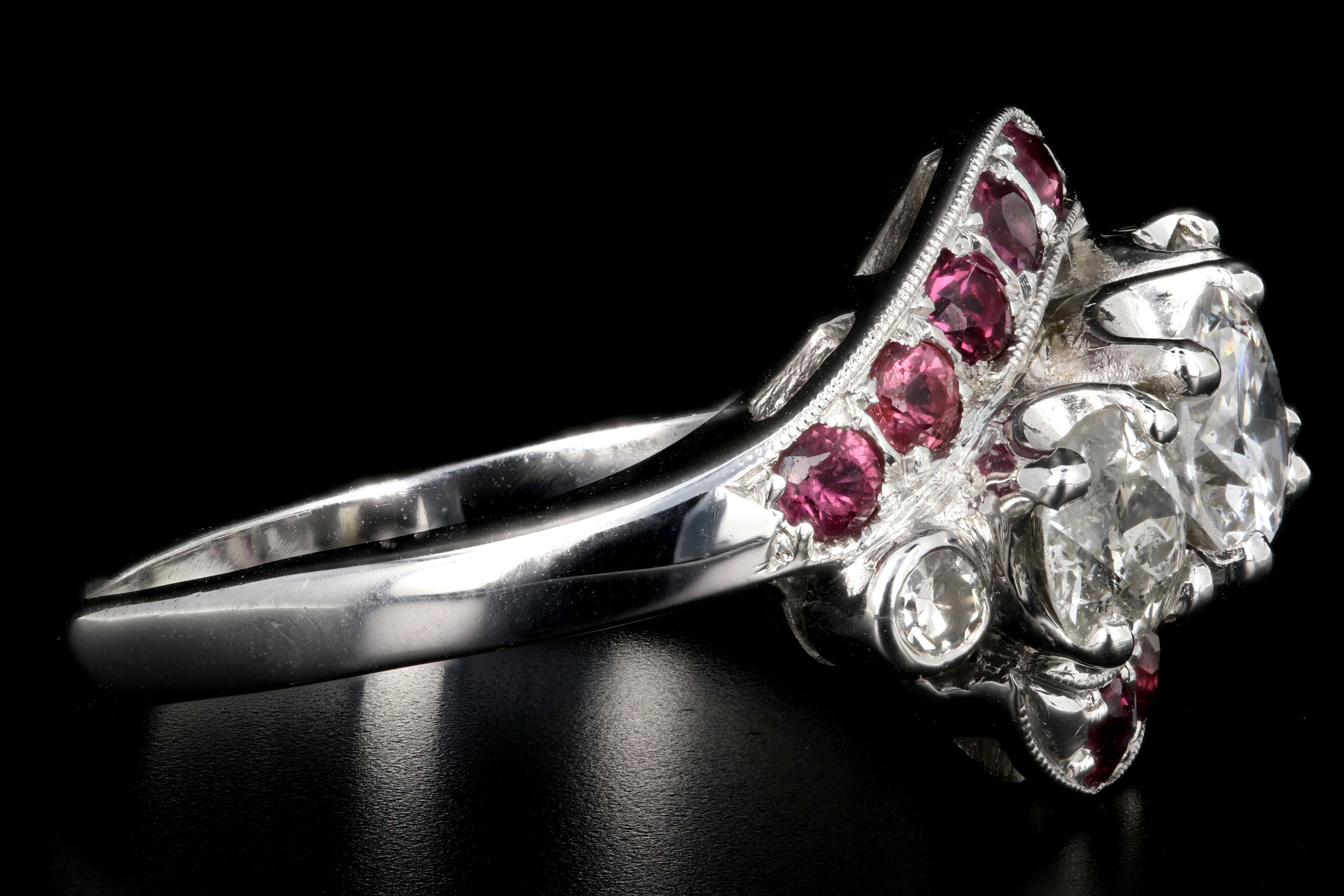 Retro 14K White Gold Diamond & Ruby Ring c.1950's - Queen May