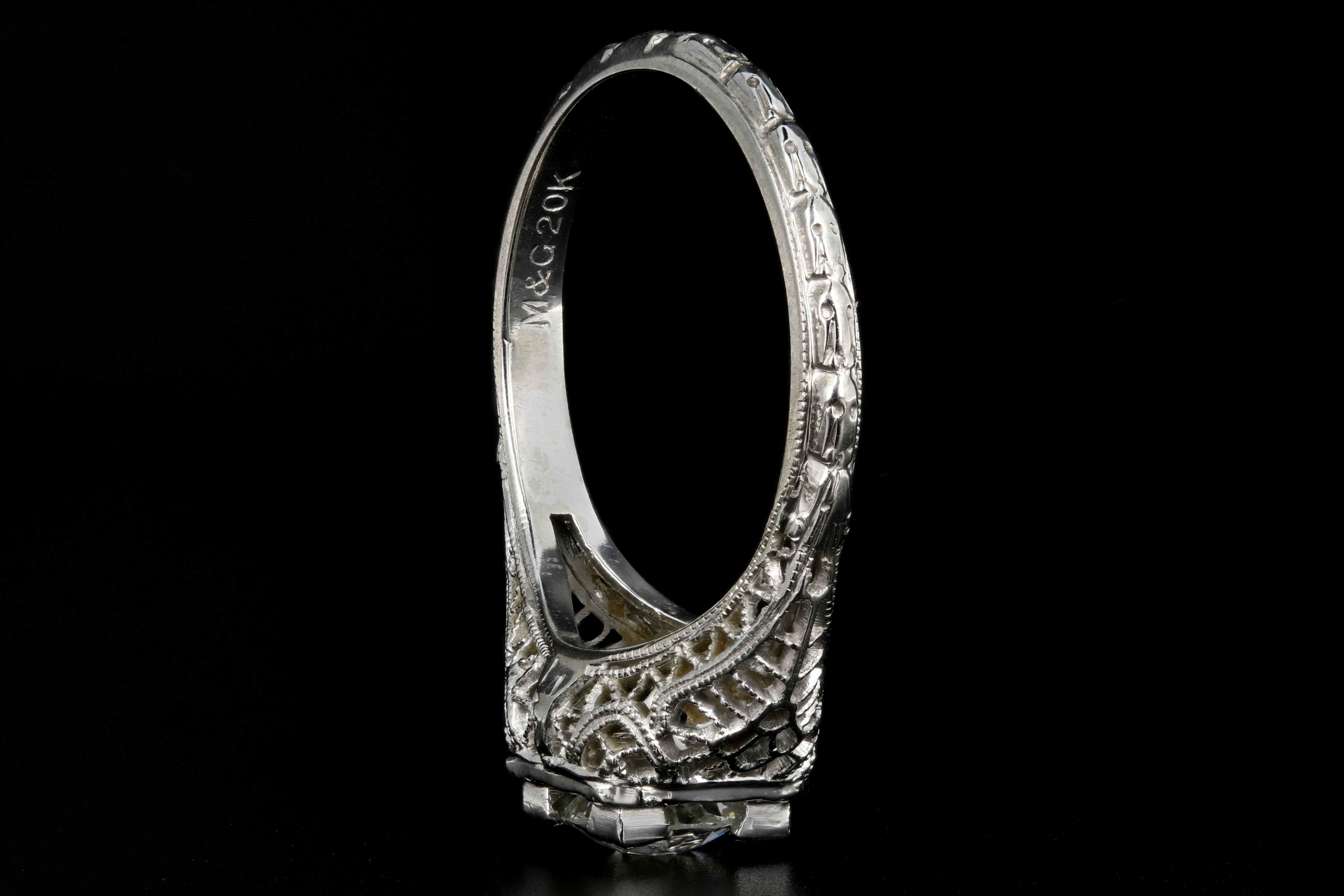 Art Deco 20K White Gold .78CT Old European Cut Diamond Engagement Ring - Queen May