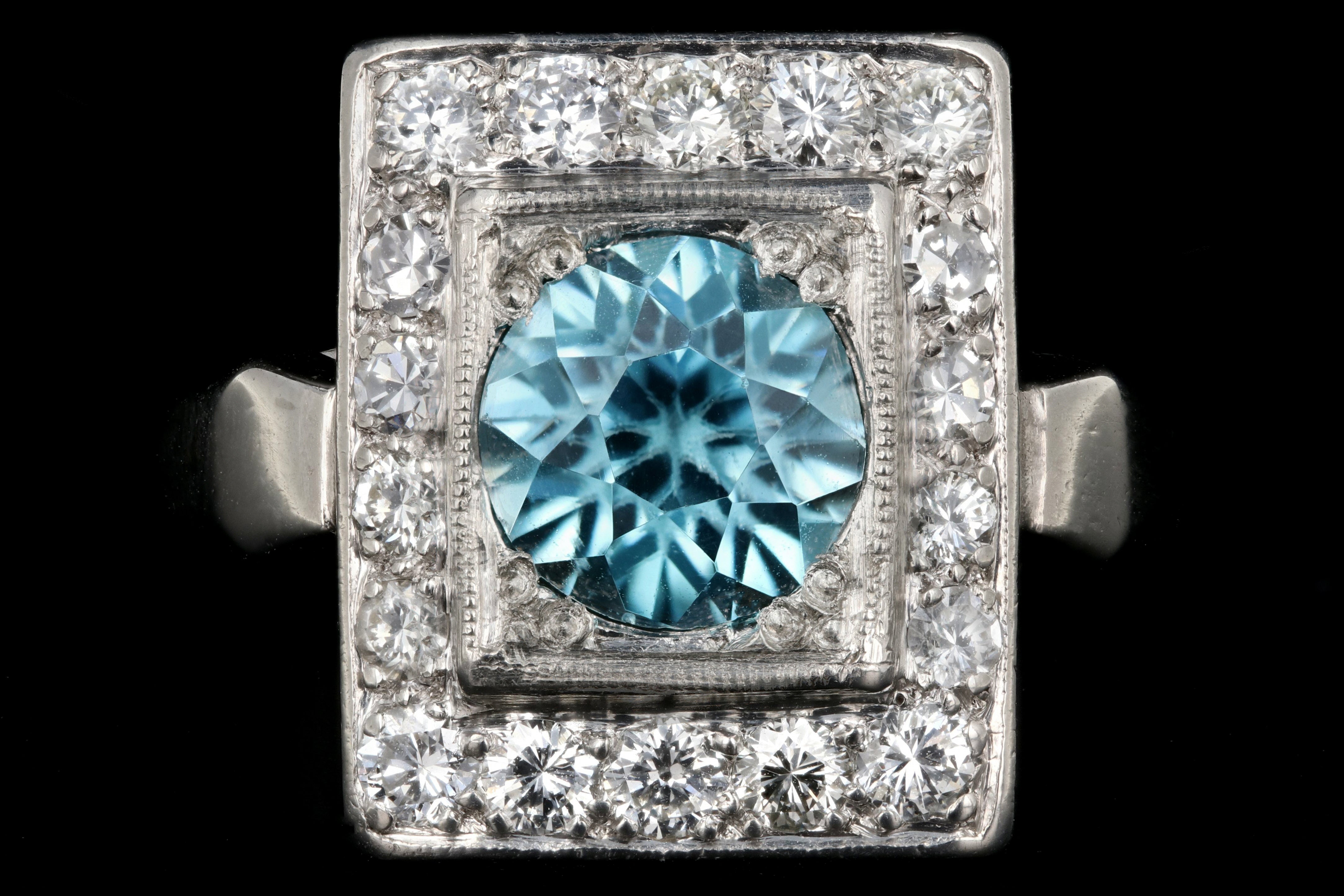 Mid Century Platinum 2.2CT Blue Zircon and Diamond Ring - Queen May