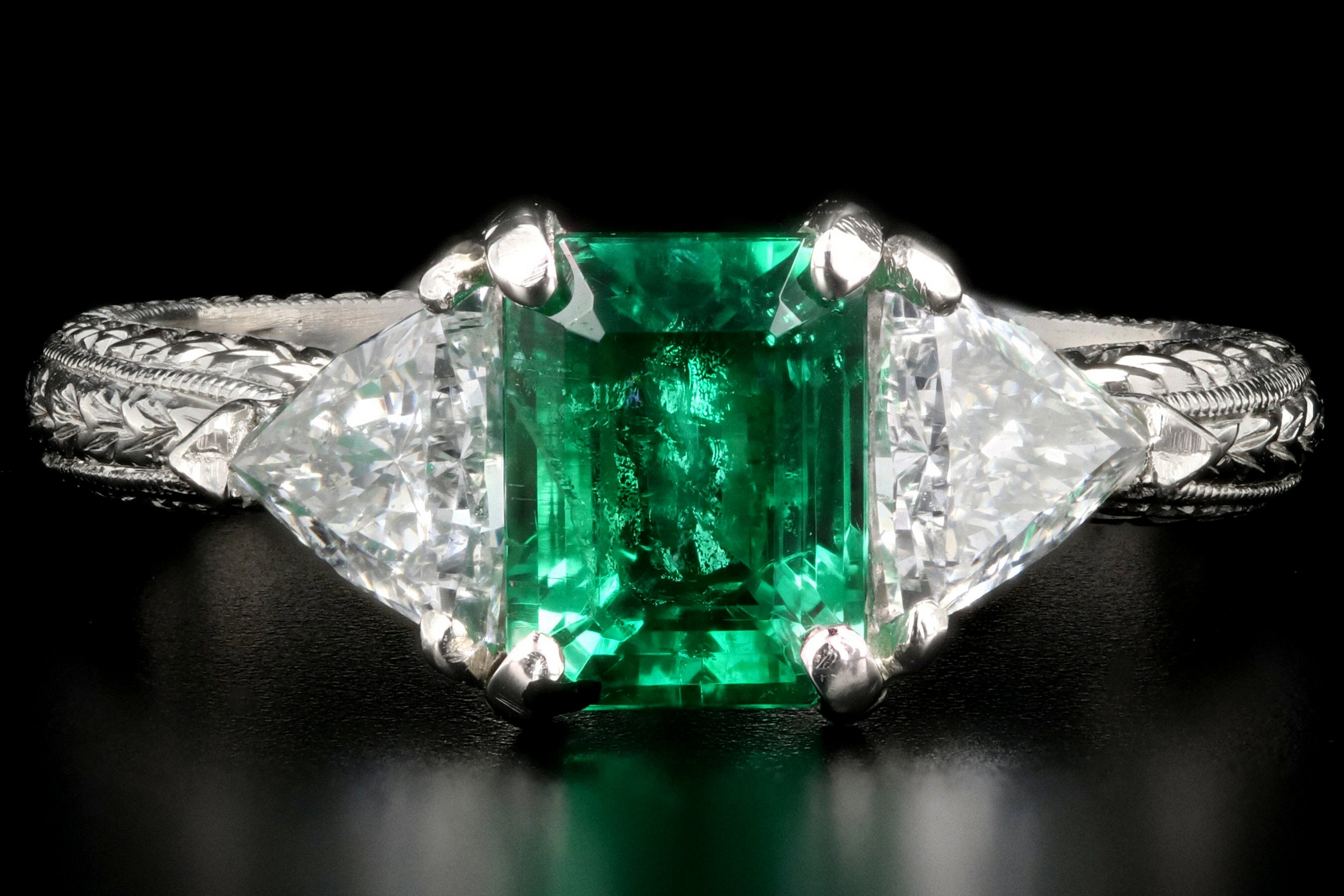 Modern Platinum and 18K Yellow Gold 1 Carat Emerald and Trillion Cut Diamond Ring - Queen May