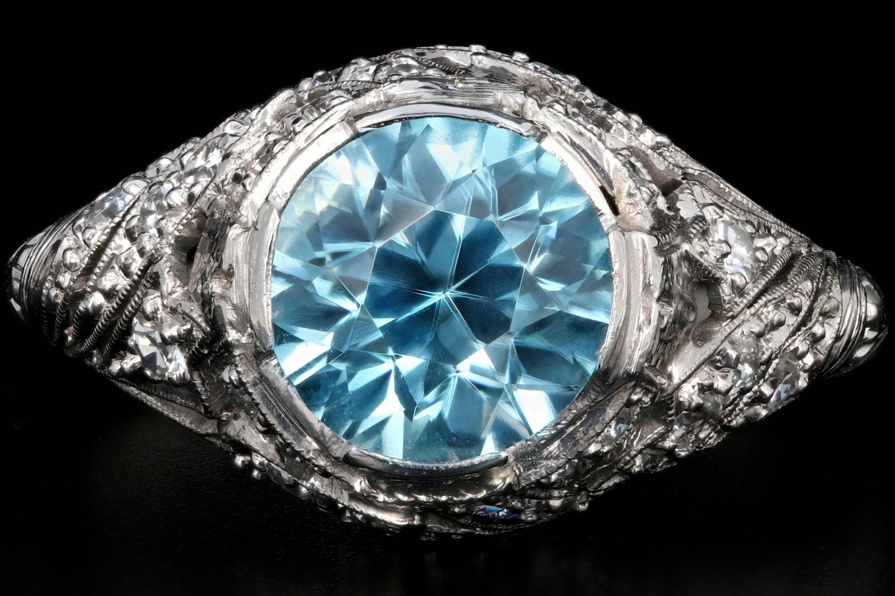 Art Deco Platinum 2.63 Carat Blue Zircon and Diamond Ring - Queen May