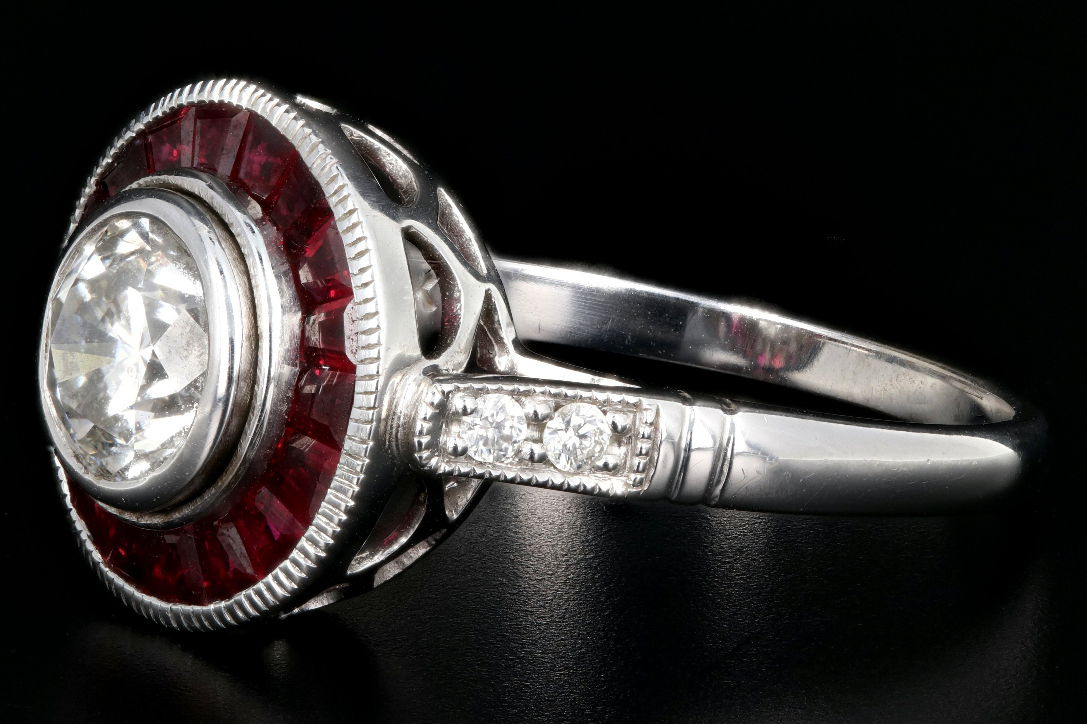 Art Deco Style 14K White Gold 1 Carat Diamond Ruby Halo Engagement Ring - Queen May
