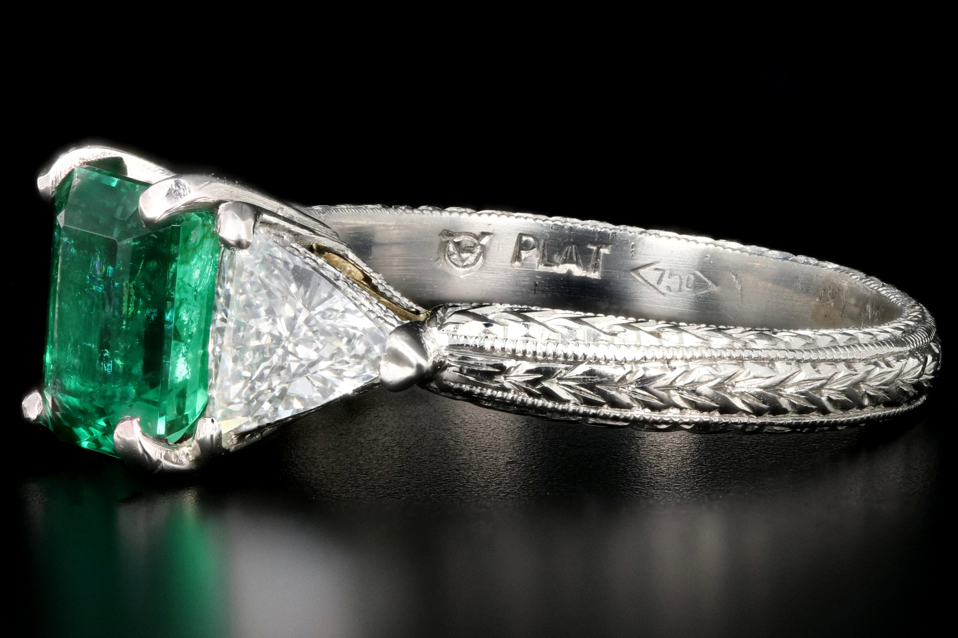 Modern Platinum and 18K Yellow Gold 1 Carat Emerald and Trillion Cut Diamond Ring - Queen May