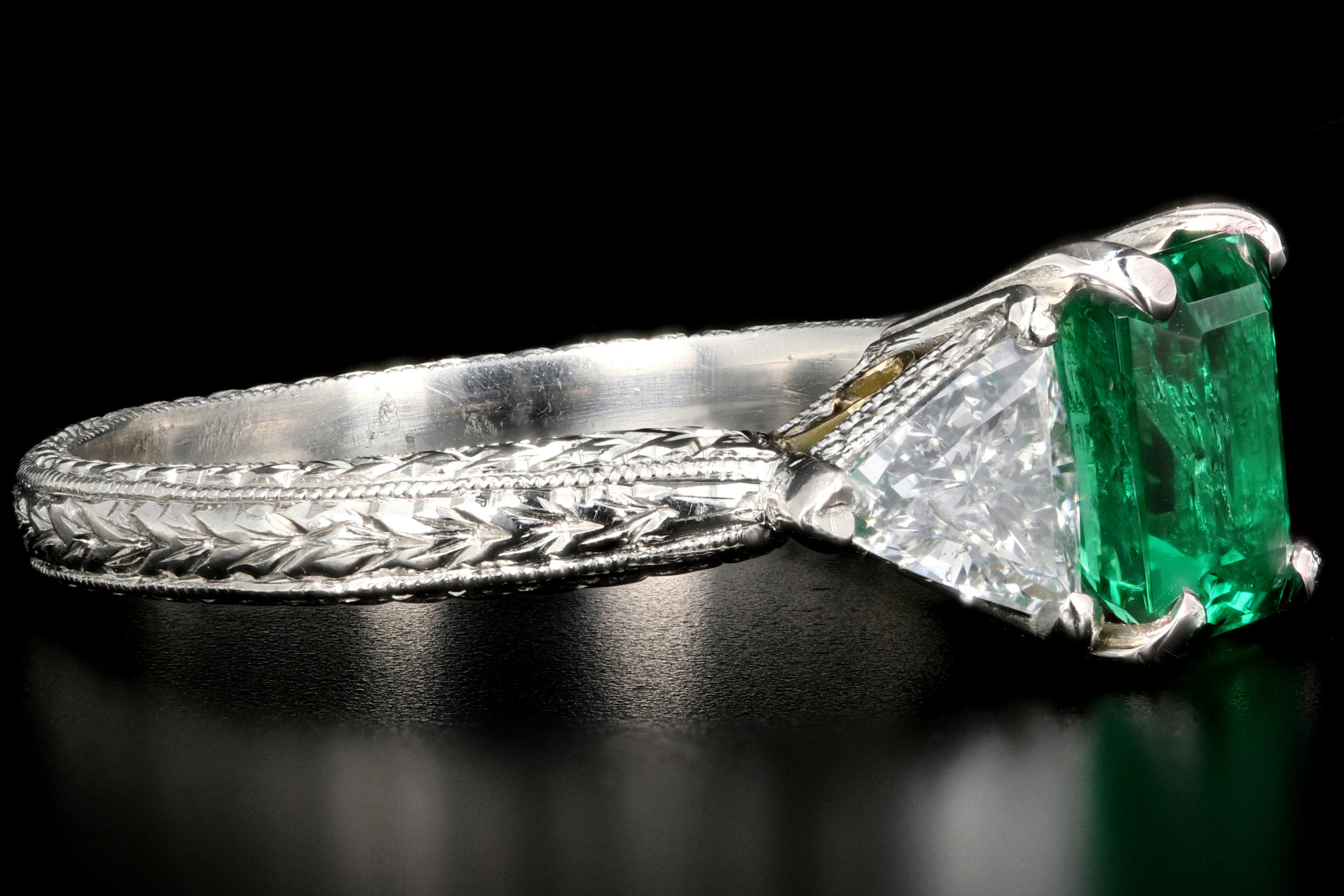 Modern Platinum and 18K Yellow Gold 1 Carat Emerald and Trillion Cut Diamond Ring - Queen May