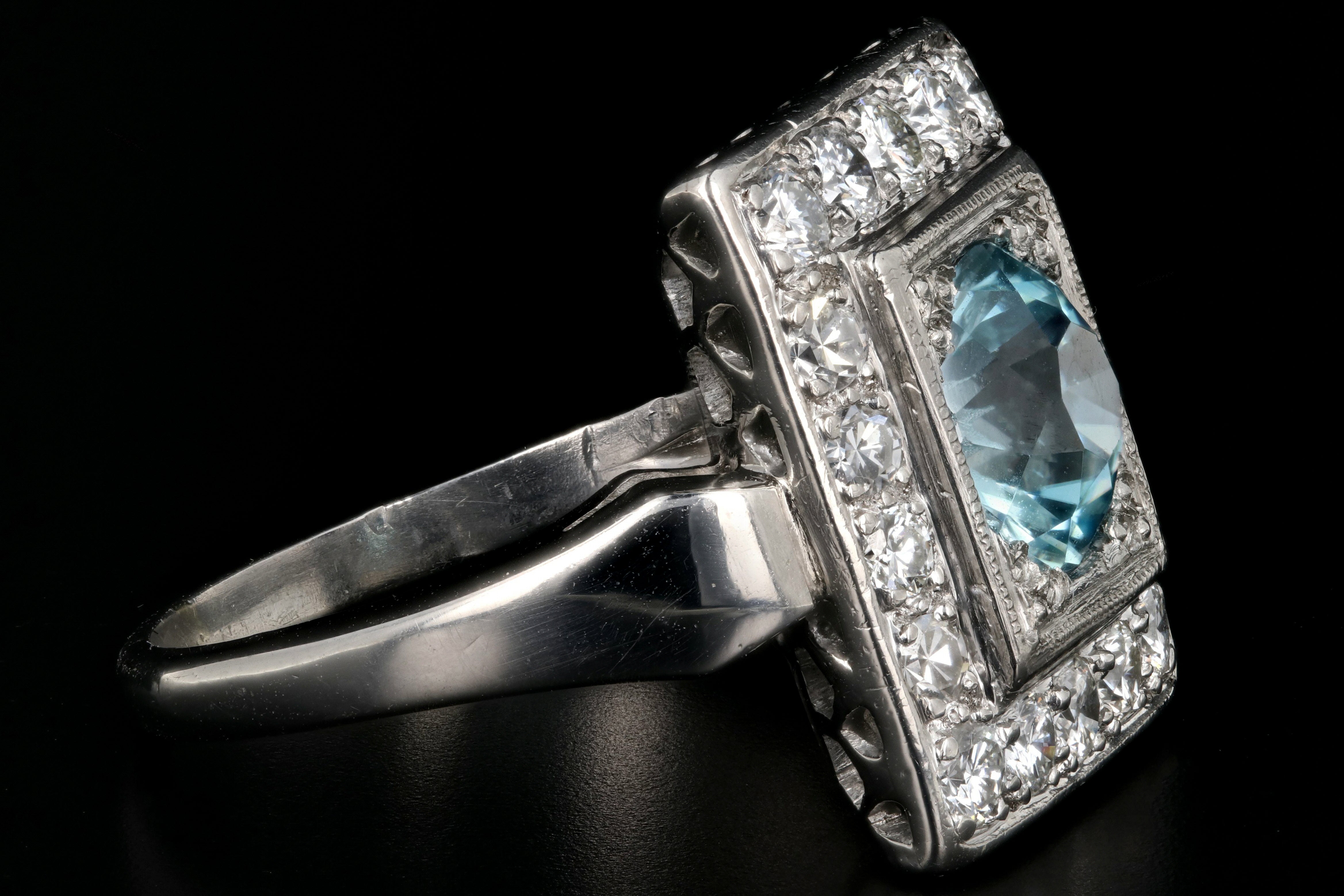 Mid Century Platinum 2.2CT Blue Zircon and Diamond Ring - Queen May