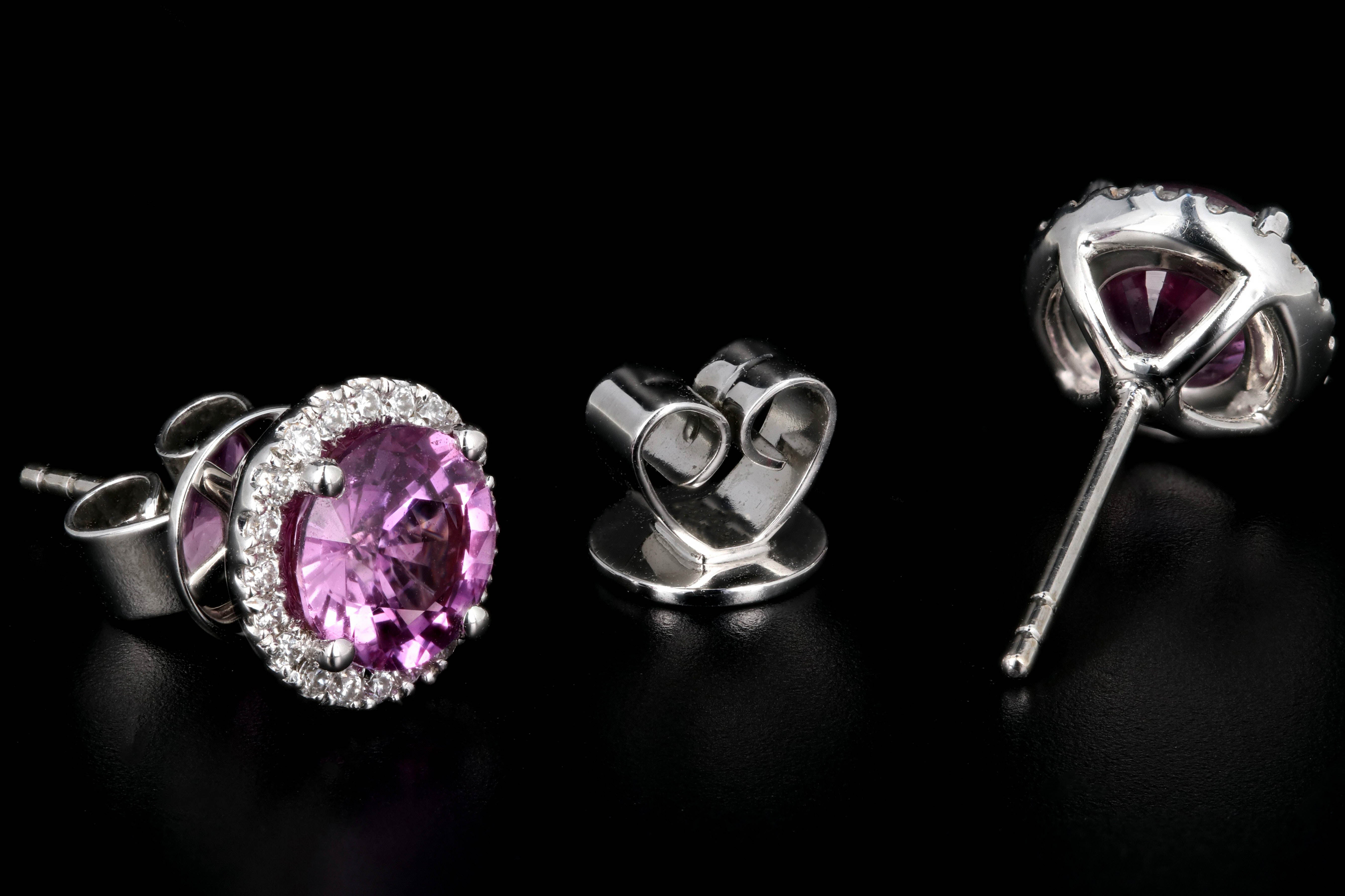 New 18K White Gold 2.5 Carat Pink Sapphire and Diamond Halo Earrings - Queen May