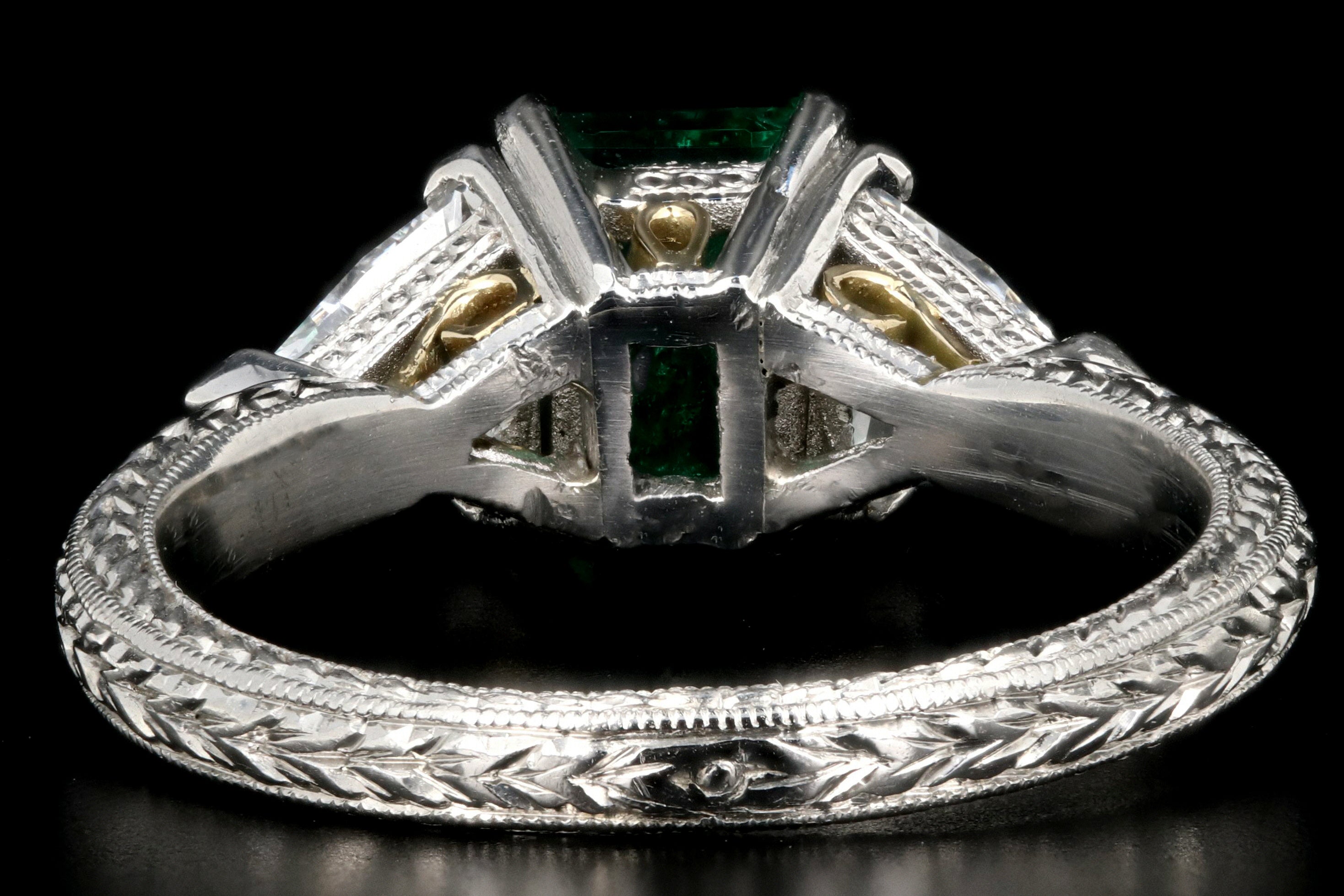 Modern Platinum and 18K Yellow Gold 1 Carat Emerald and Trillion Cut Diamond Ring - Queen May
