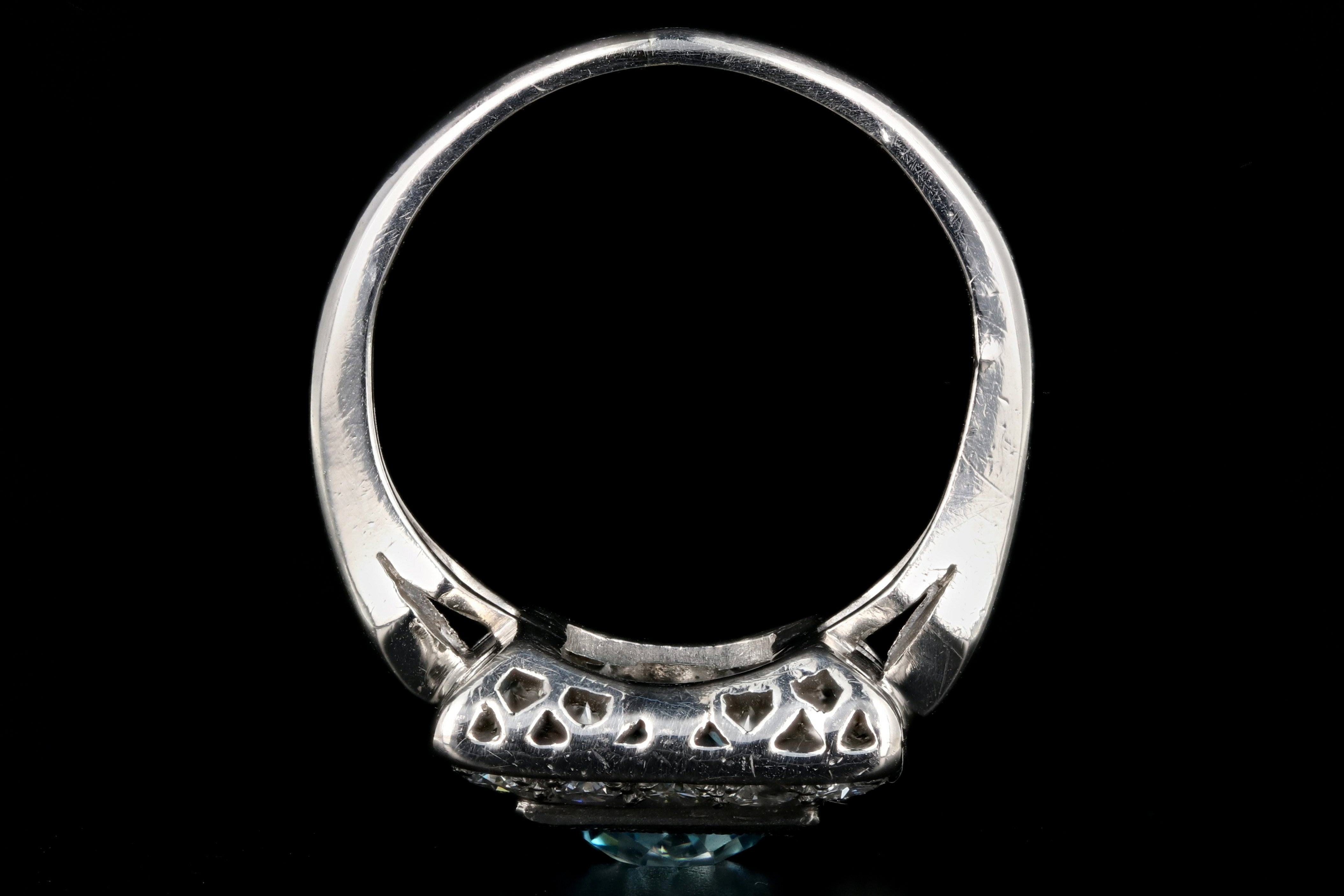 Mid Century Platinum 2.2CT Blue Zircon and Diamond Ring - Queen May