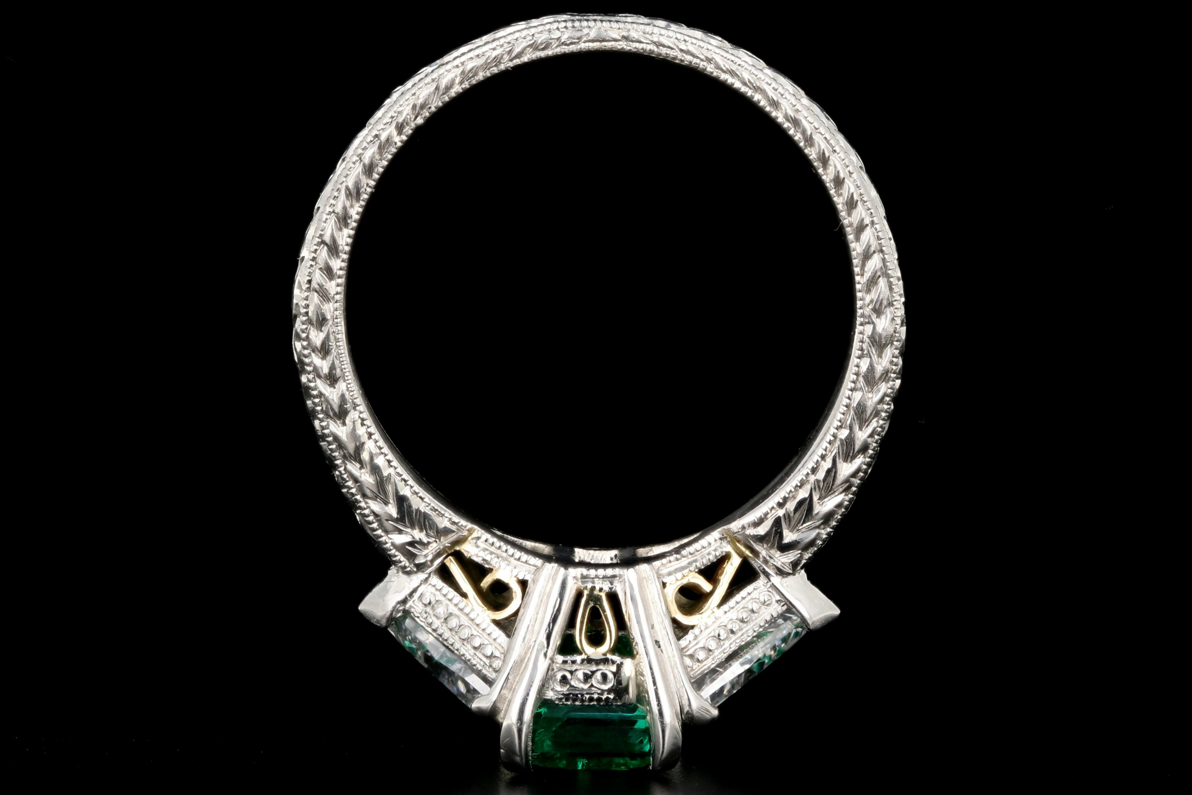 Modern Platinum and 18K Yellow Gold 1 Carat Emerald and Trillion Cut Diamond Ring - Queen May