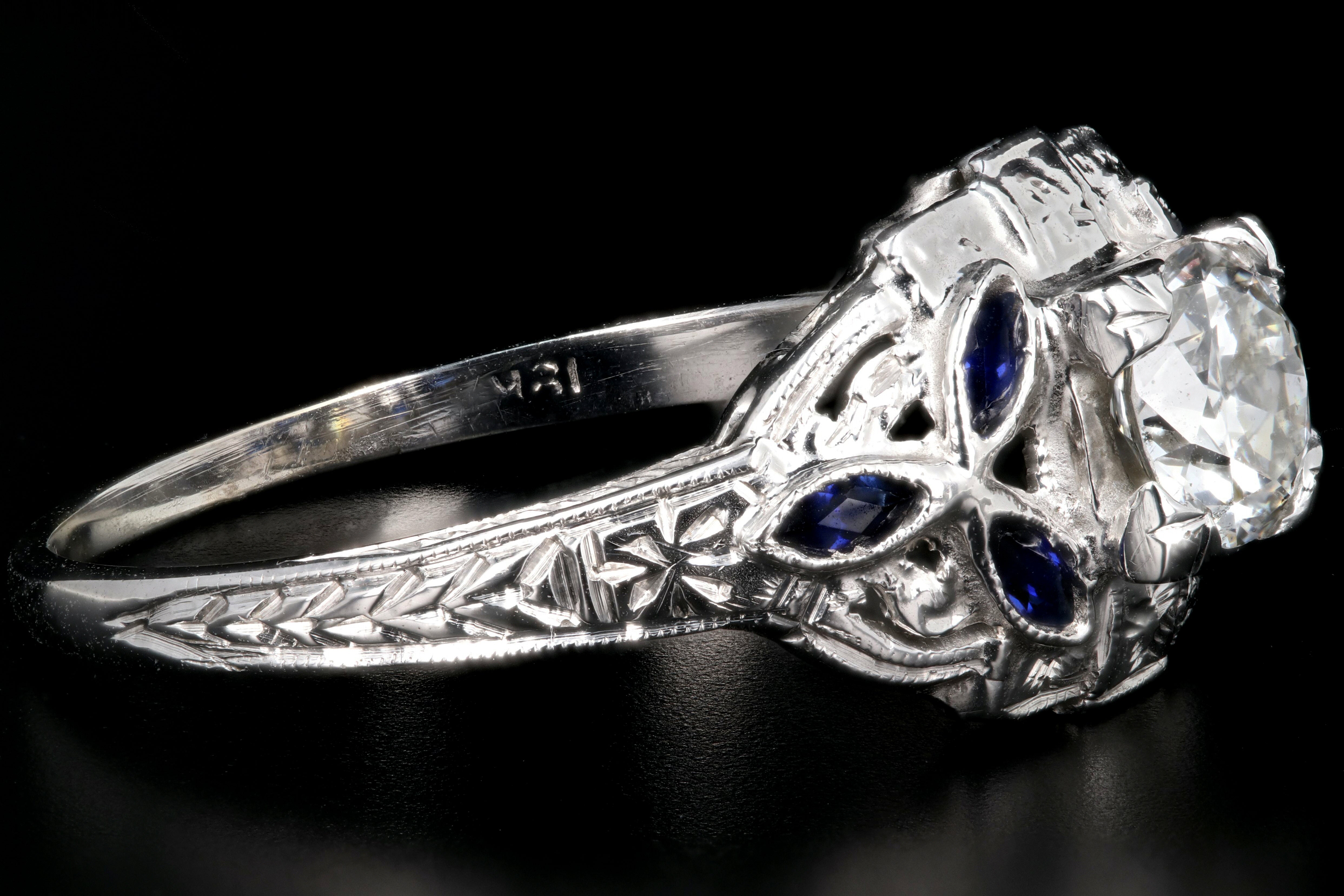 Art Deco 18K White Gold .60 Carat Old European Cut Diamond and Sapphire Ring - Queen May