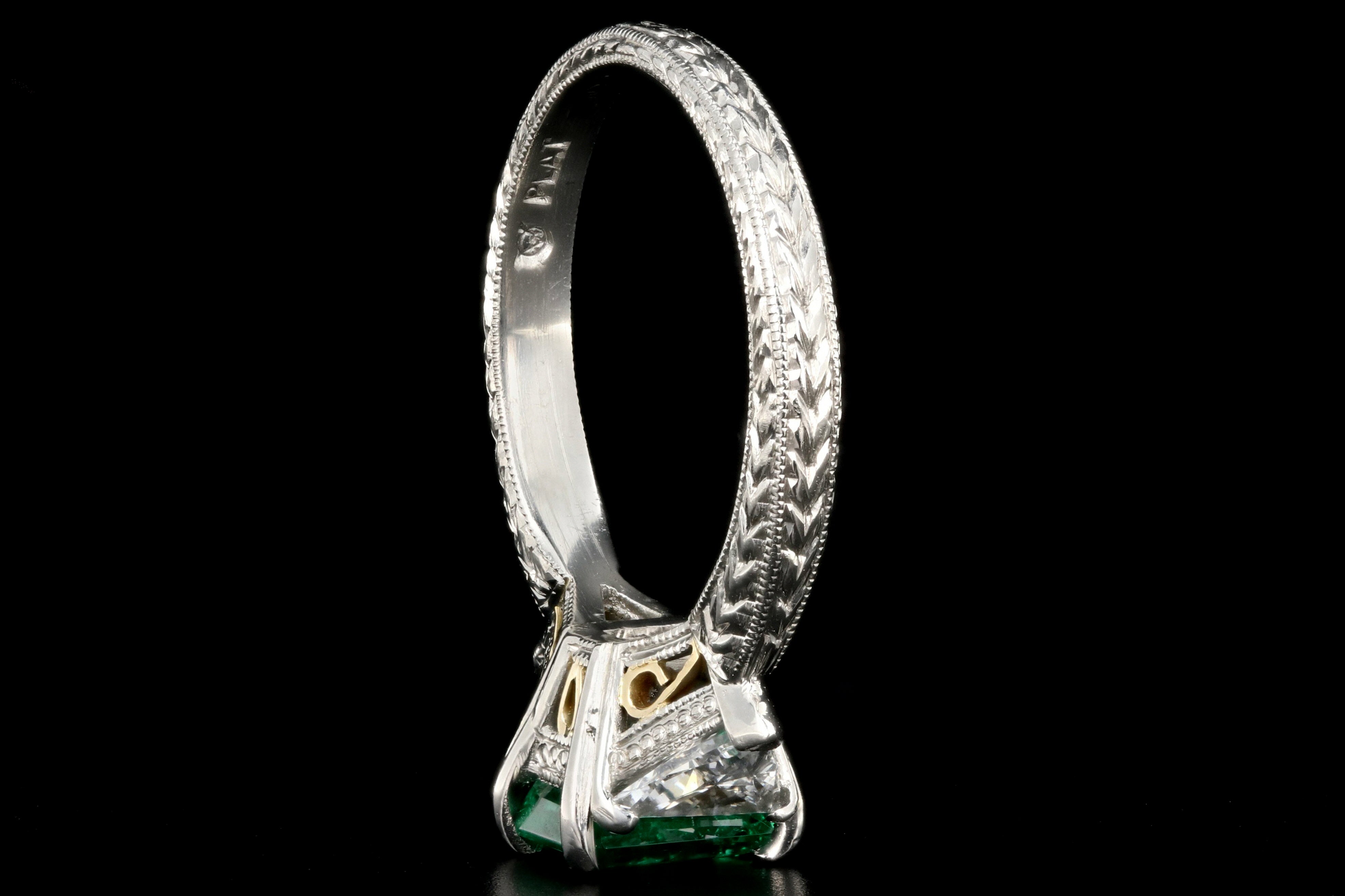 Modern Platinum and 18K Yellow Gold 1 Carat Emerald and Trillion Cut Diamond Ring - Queen May