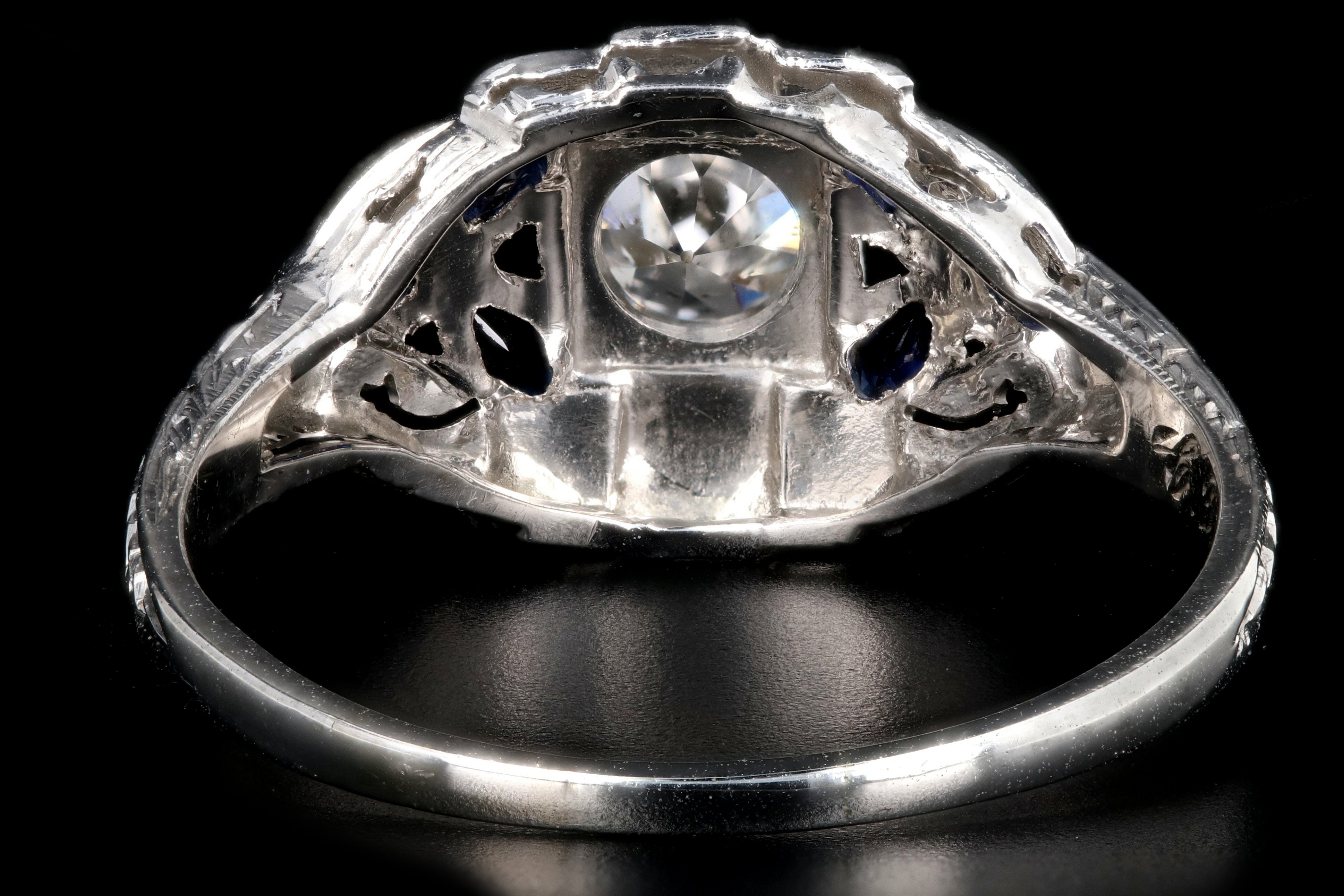 Art Deco 18K White Gold .60 Carat Old European Cut Diamond and Sapphire Ring - Queen May