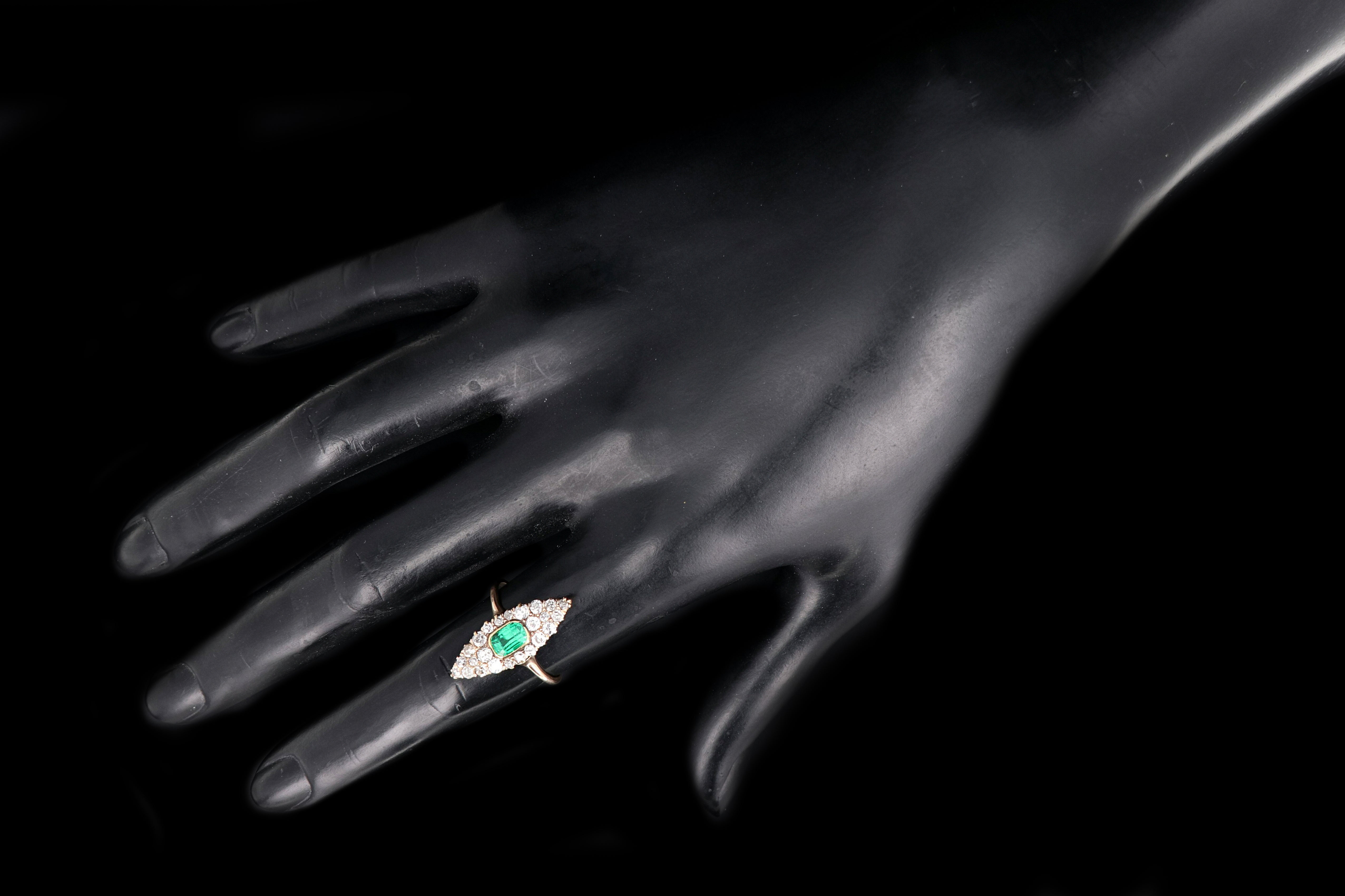 Victorian 14K Yellow Gold .75 Carat Emerald and Old European Cut Diamond Navette Ring - Queen May