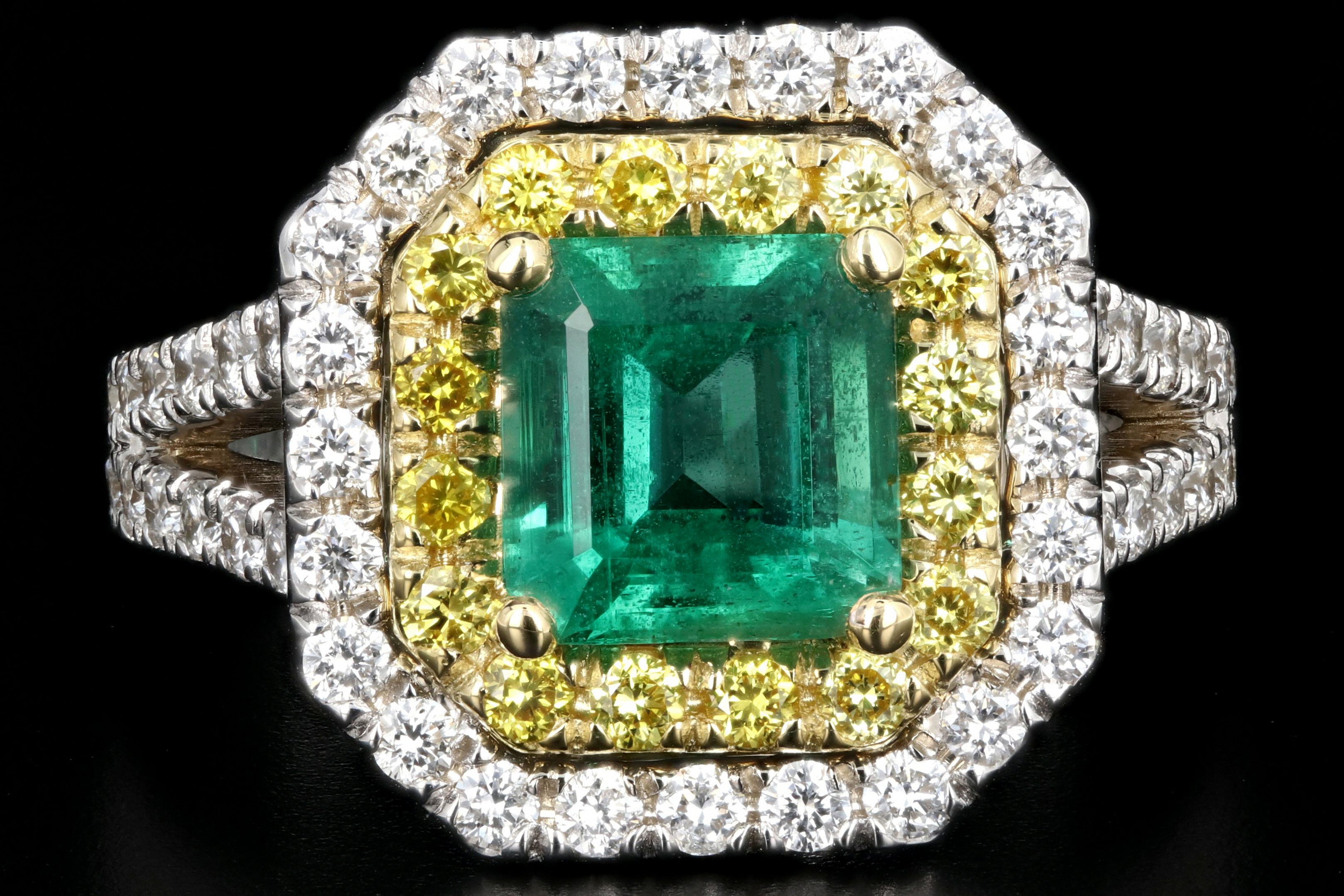New 18K White Gold 1.7 Carat Zambian Emerald and White & Vivid Yellow Diamond Ring - Queen May