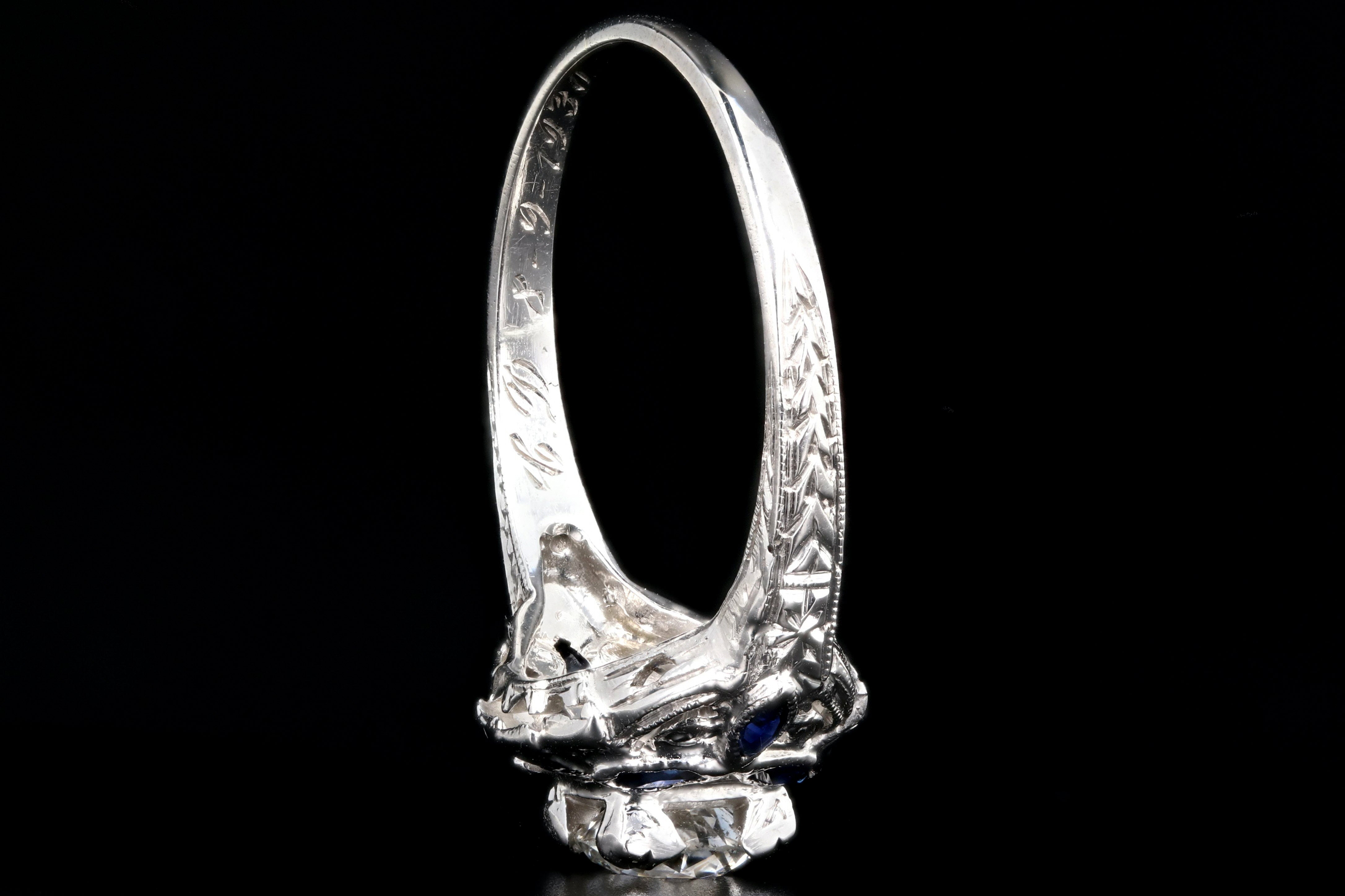 Art Deco 18K White Gold .60 Carat Old European Cut Diamond and Sapphire Ring - Queen May