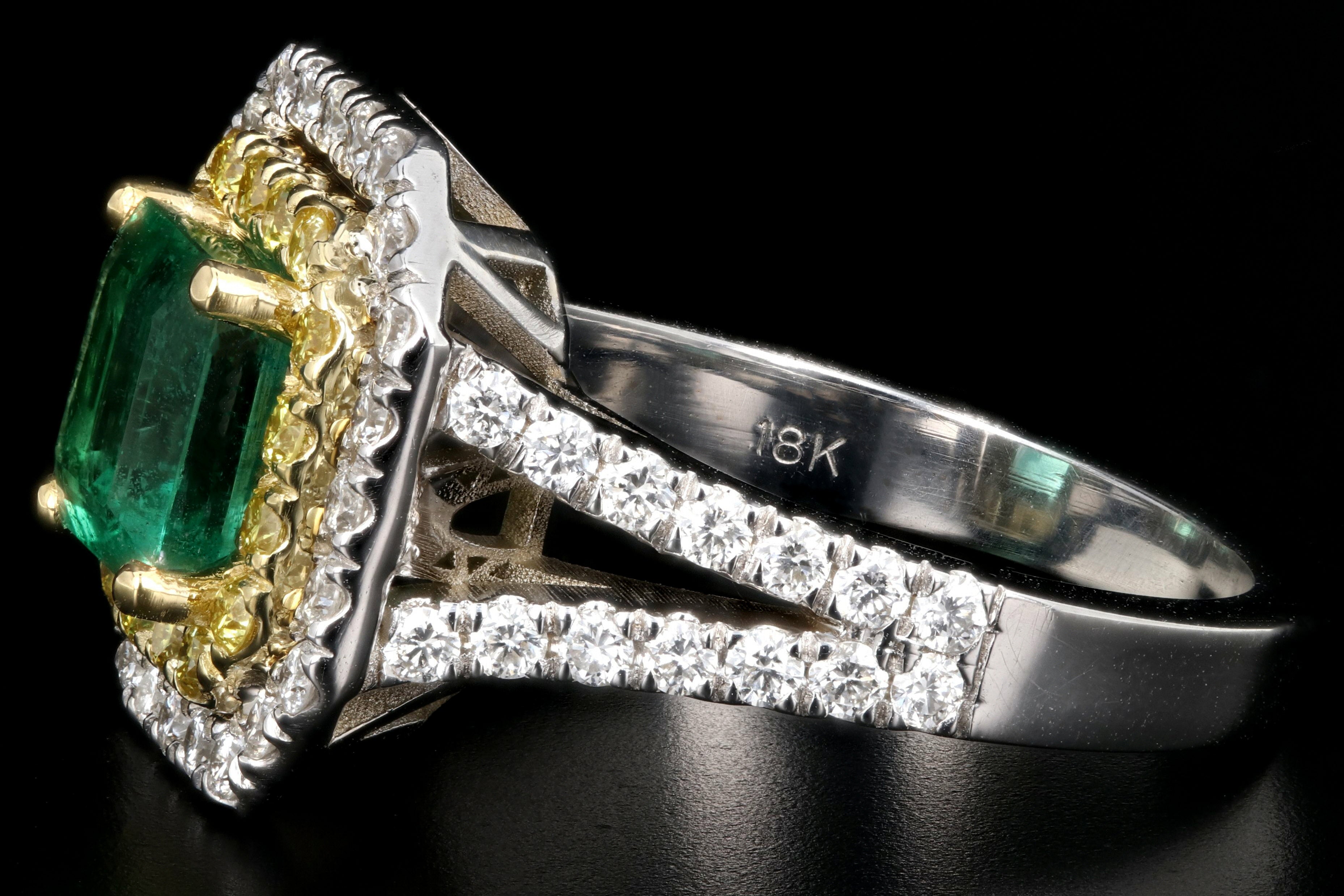 New 18K White Gold 1.7 Carat Zambian Emerald and White & Vivid Yellow Diamond Ring - Queen May
