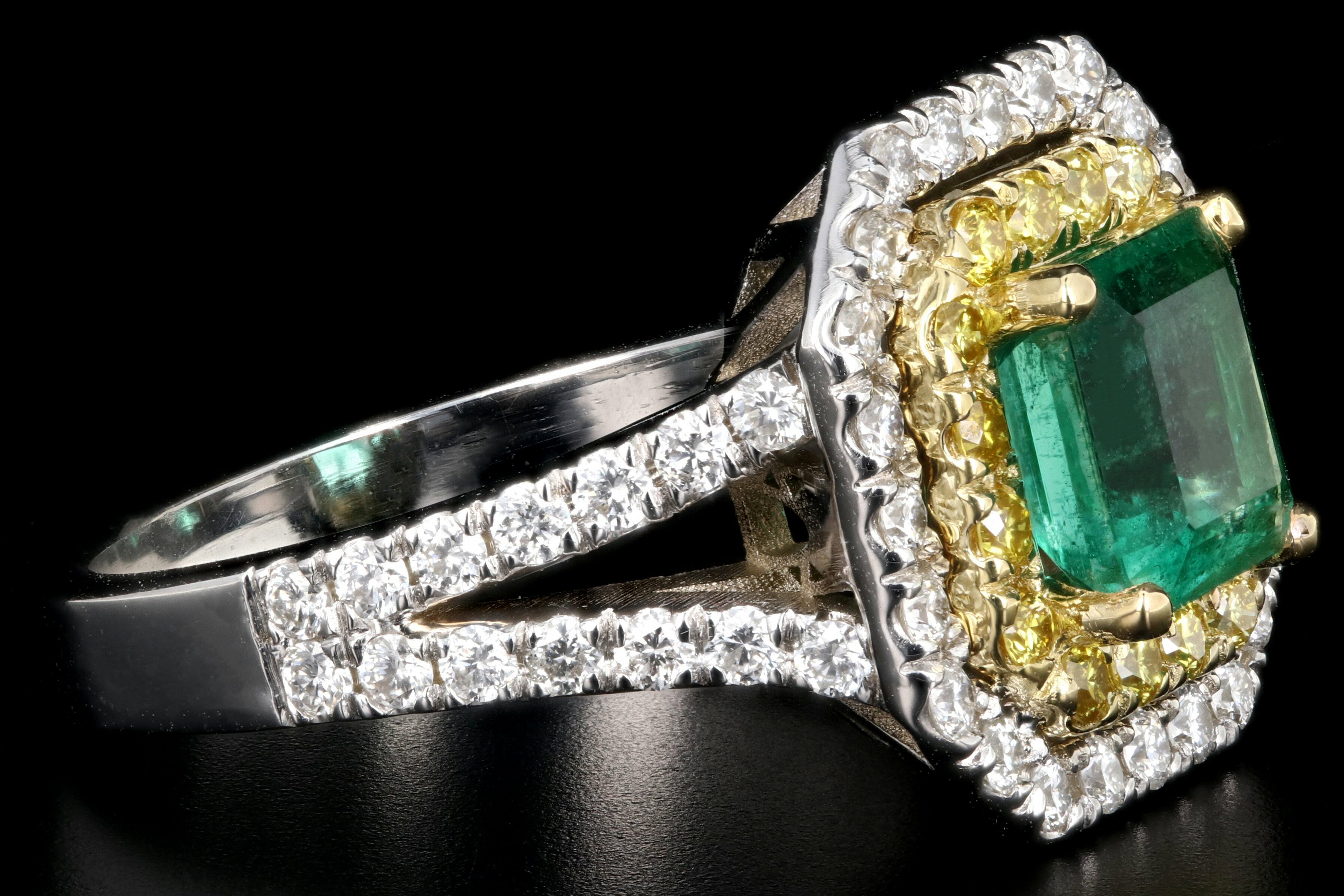 New 18K White Gold 1.7 Carat Zambian Emerald and White & Vivid Yellow Diamond Ring - Queen May