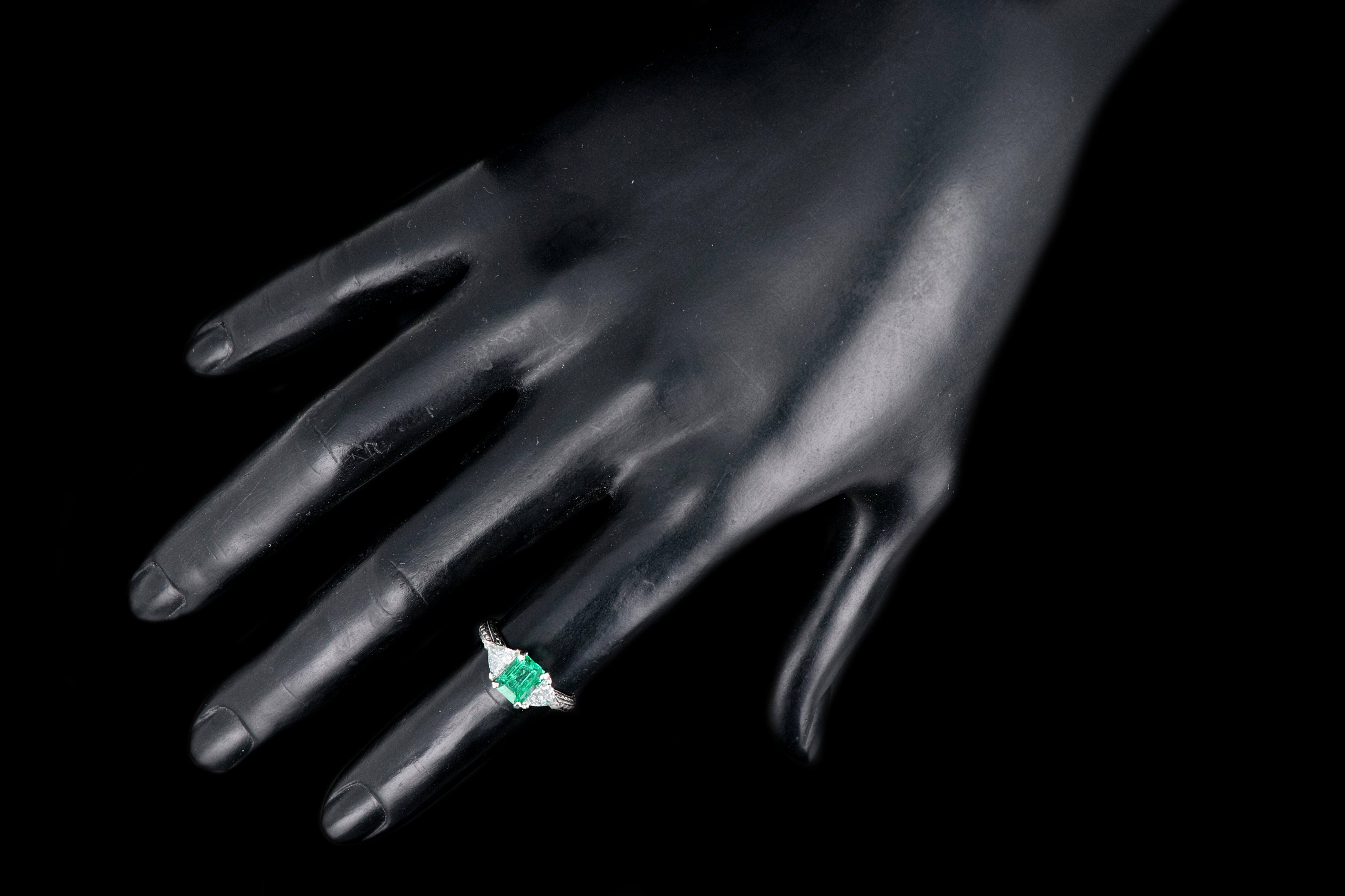 Modern Platinum and 18K Yellow Gold 1 Carat Emerald and Trillion Cut Diamond Ring - Queen May