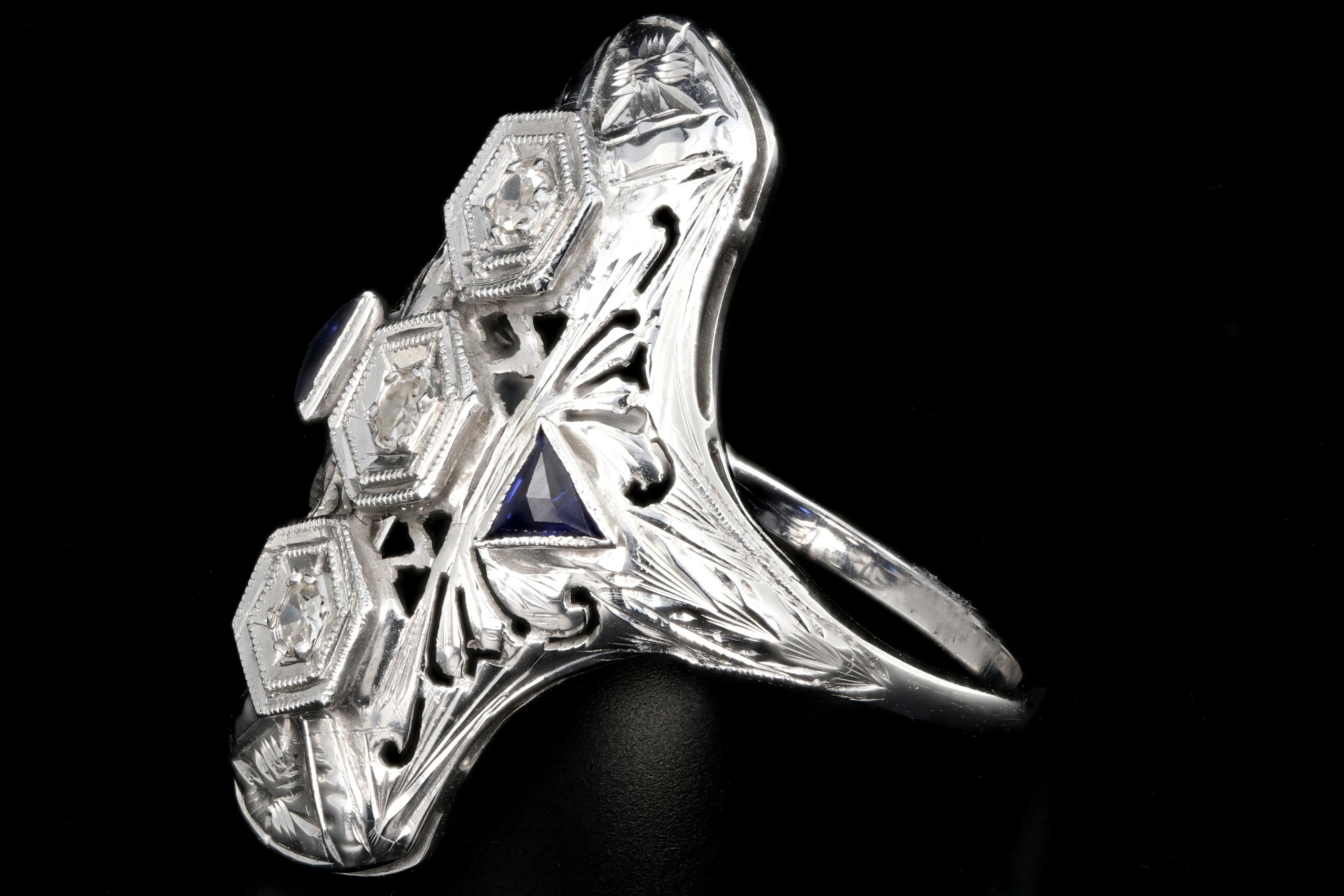 Art Deco 18K White Gold Diamond Sapphire 3 Stone Ring c.1920's - Queen May