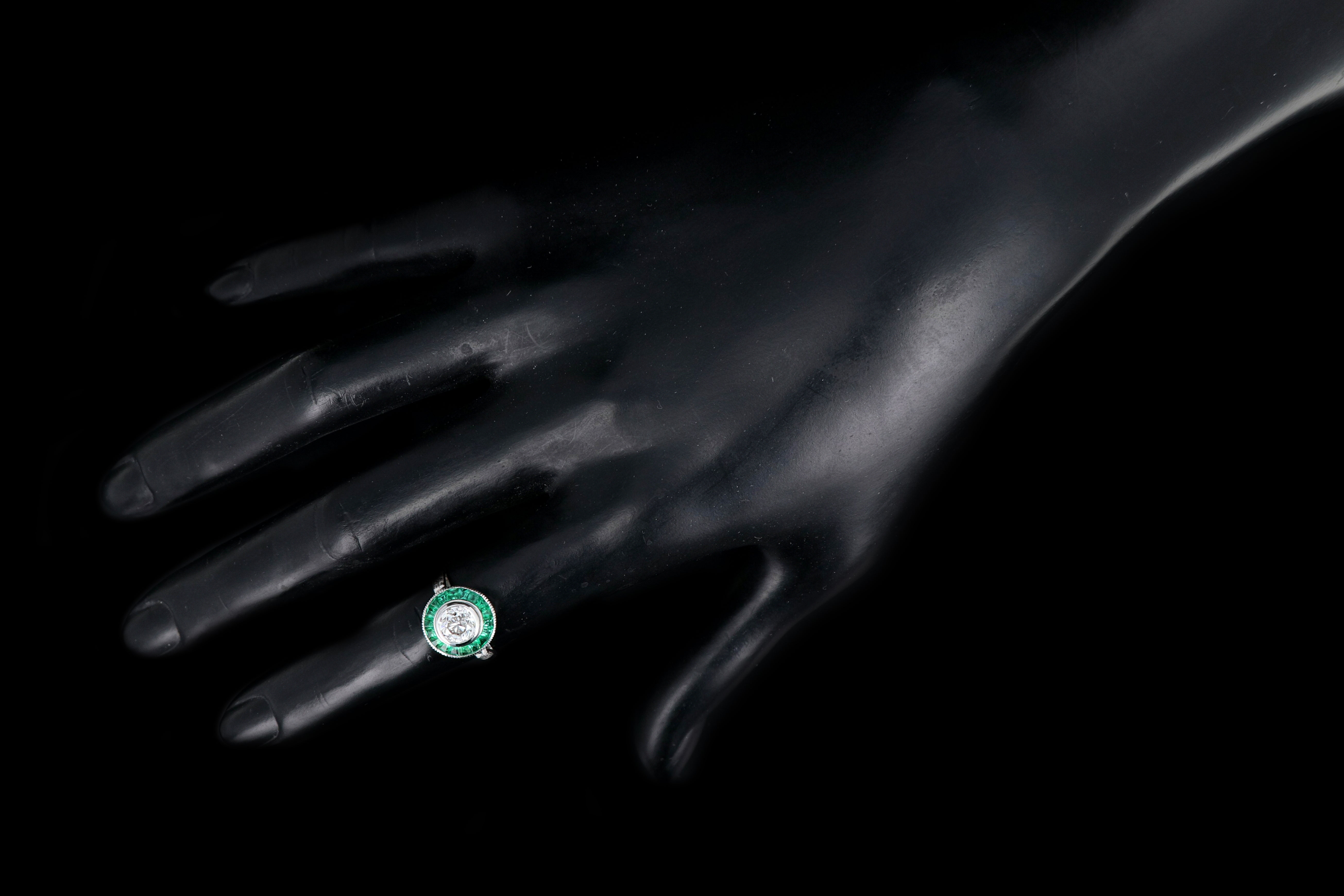 Art Deco Style 14K White Gold 1.01 Carat Round Brilliant Cut Diamond Emerald Halo Engagement Ring - Queen May