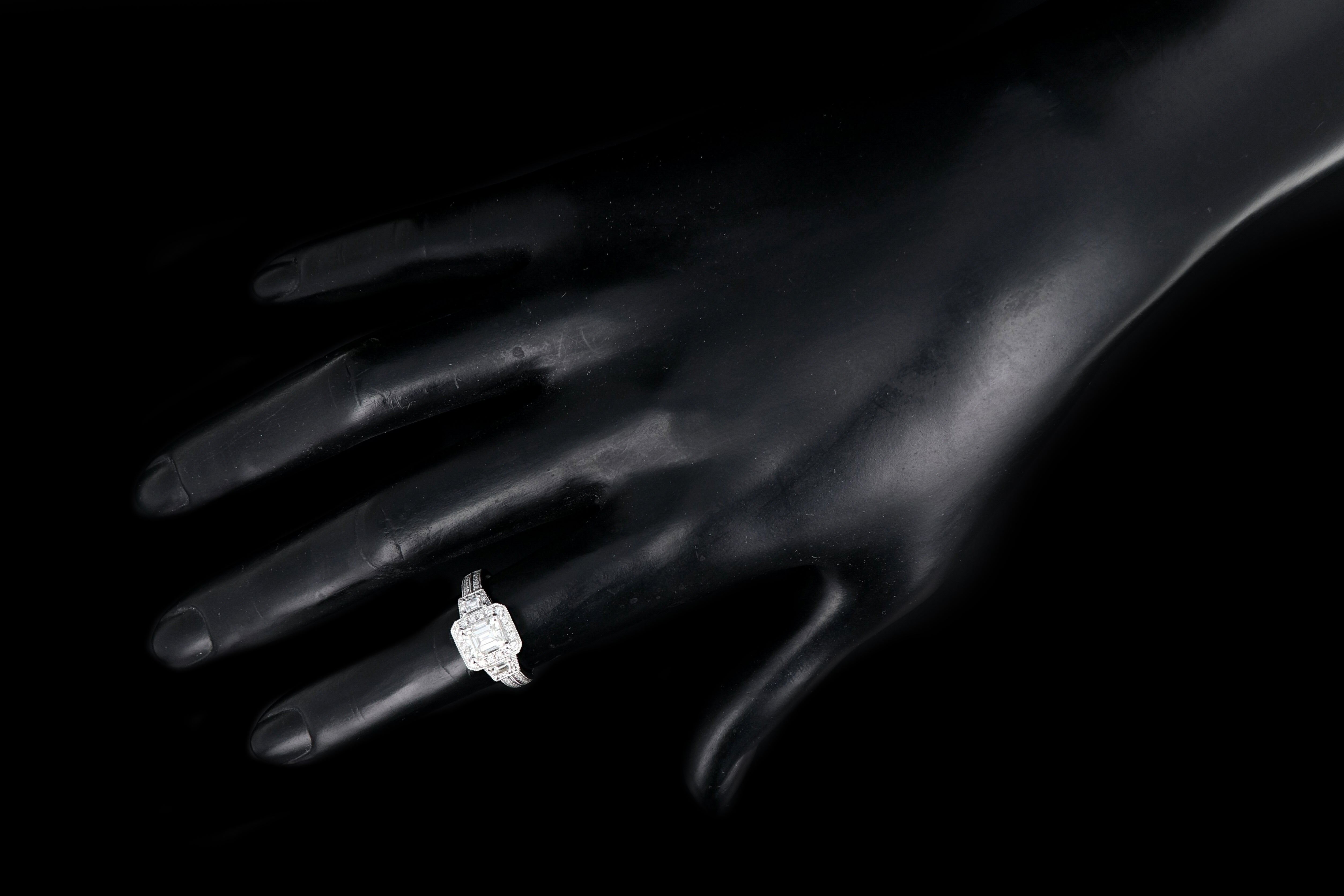 Modern 14K White Gold 1 Carat Emerald Cut Diamond Halo Engagement Ring - Queen May