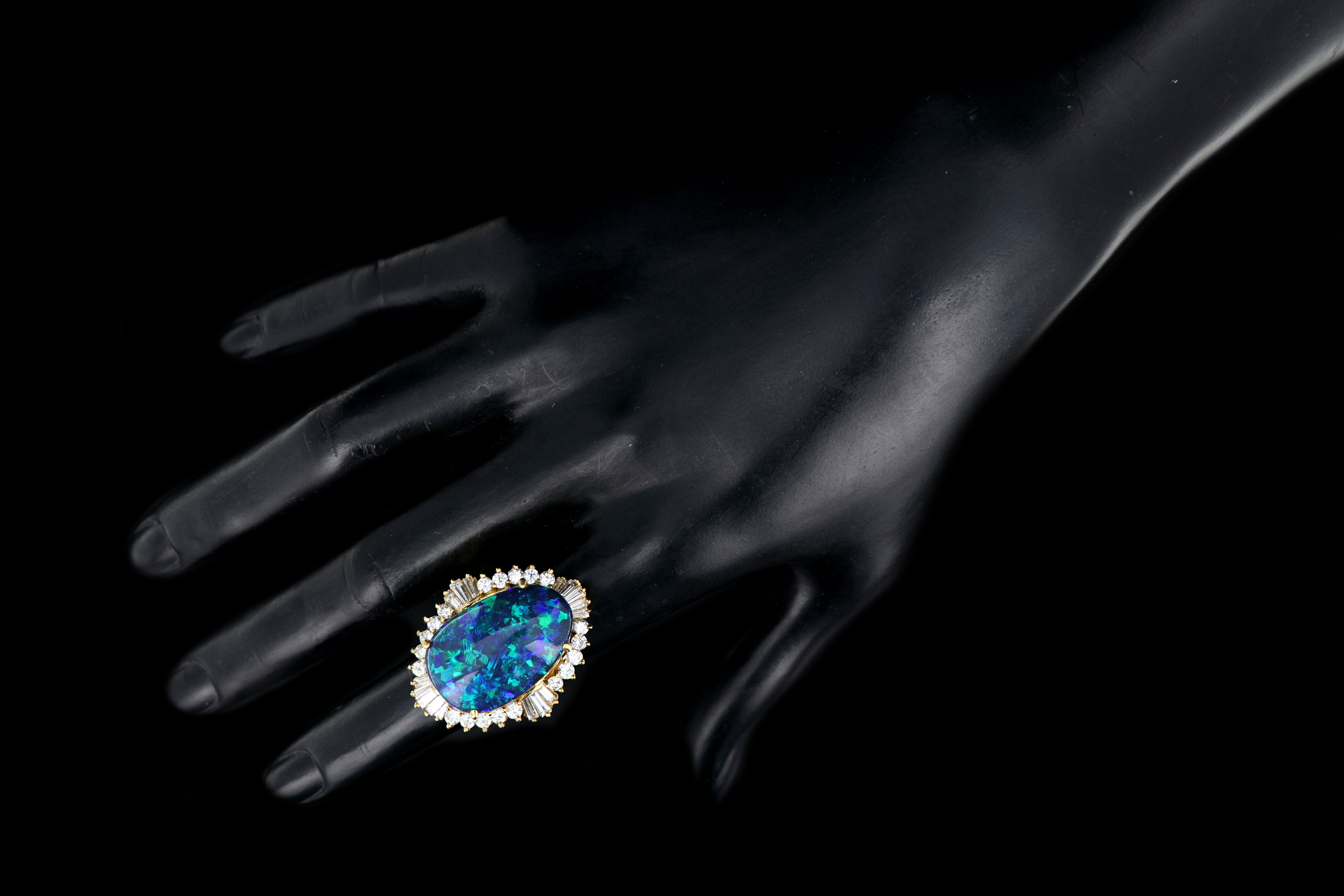 Modern 18K Yellow Gold 20 Carat Black Opal and Diamond Cocktail Ring - Queen May