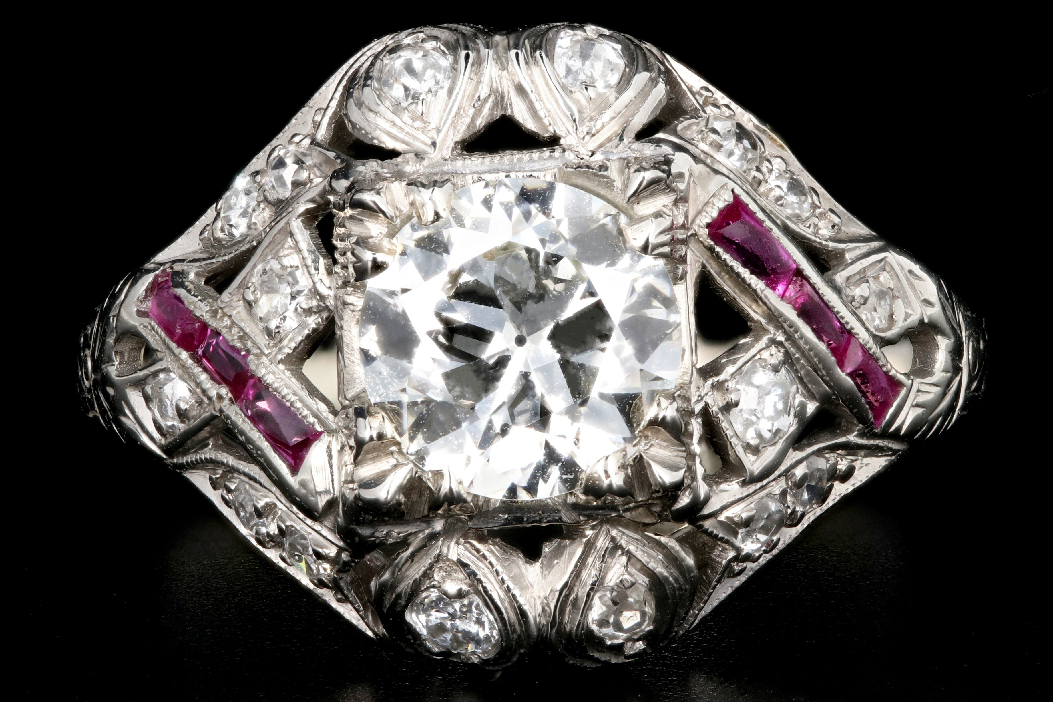 Art Deco 14K White Gold .97 Carat Transition Cut Diamond and Ruby Engagement Ring - Queen May