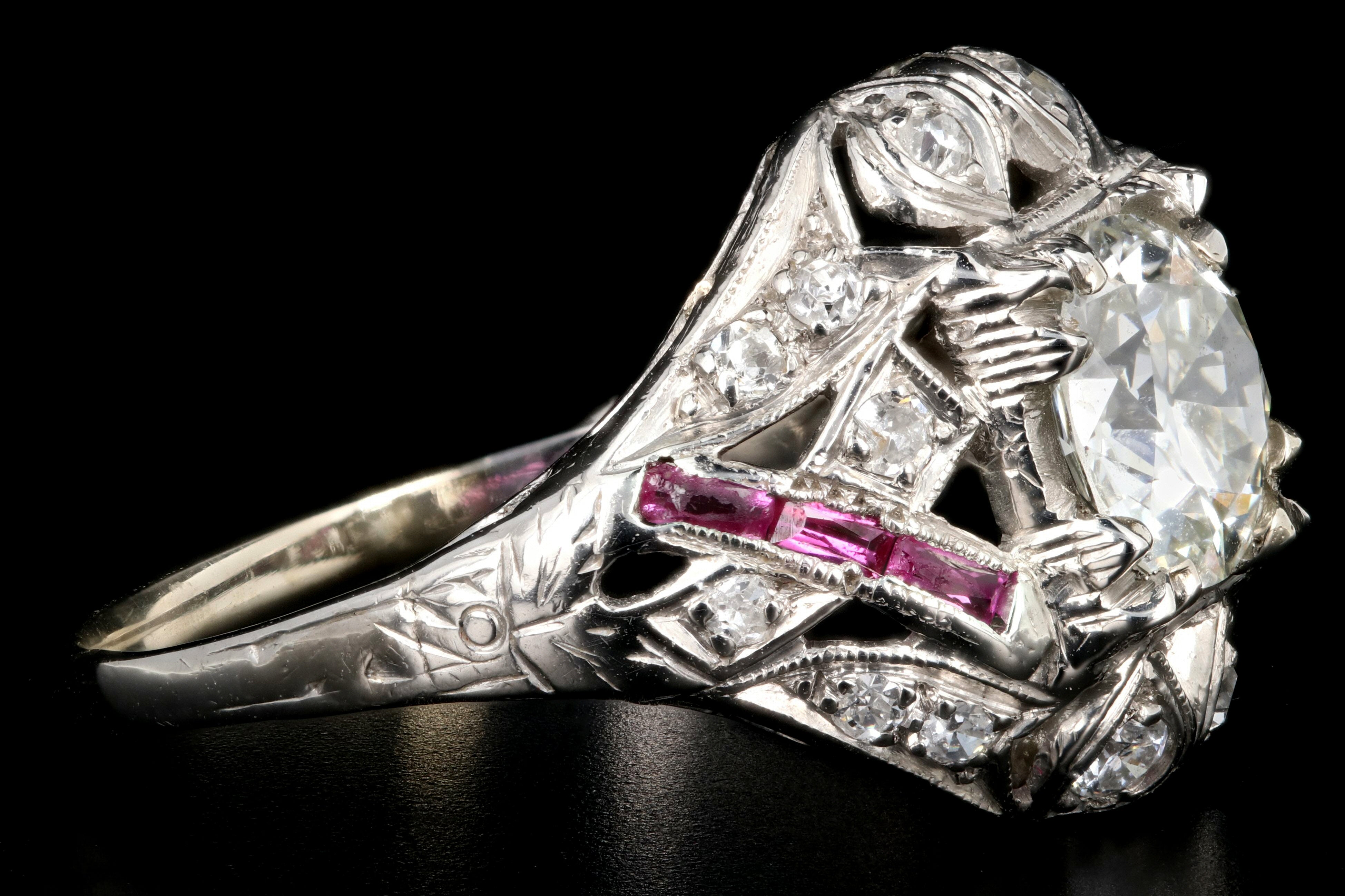 Art Deco 14K White Gold .97 Carat Transition Cut Diamond and Ruby Engagement Ring - Queen May