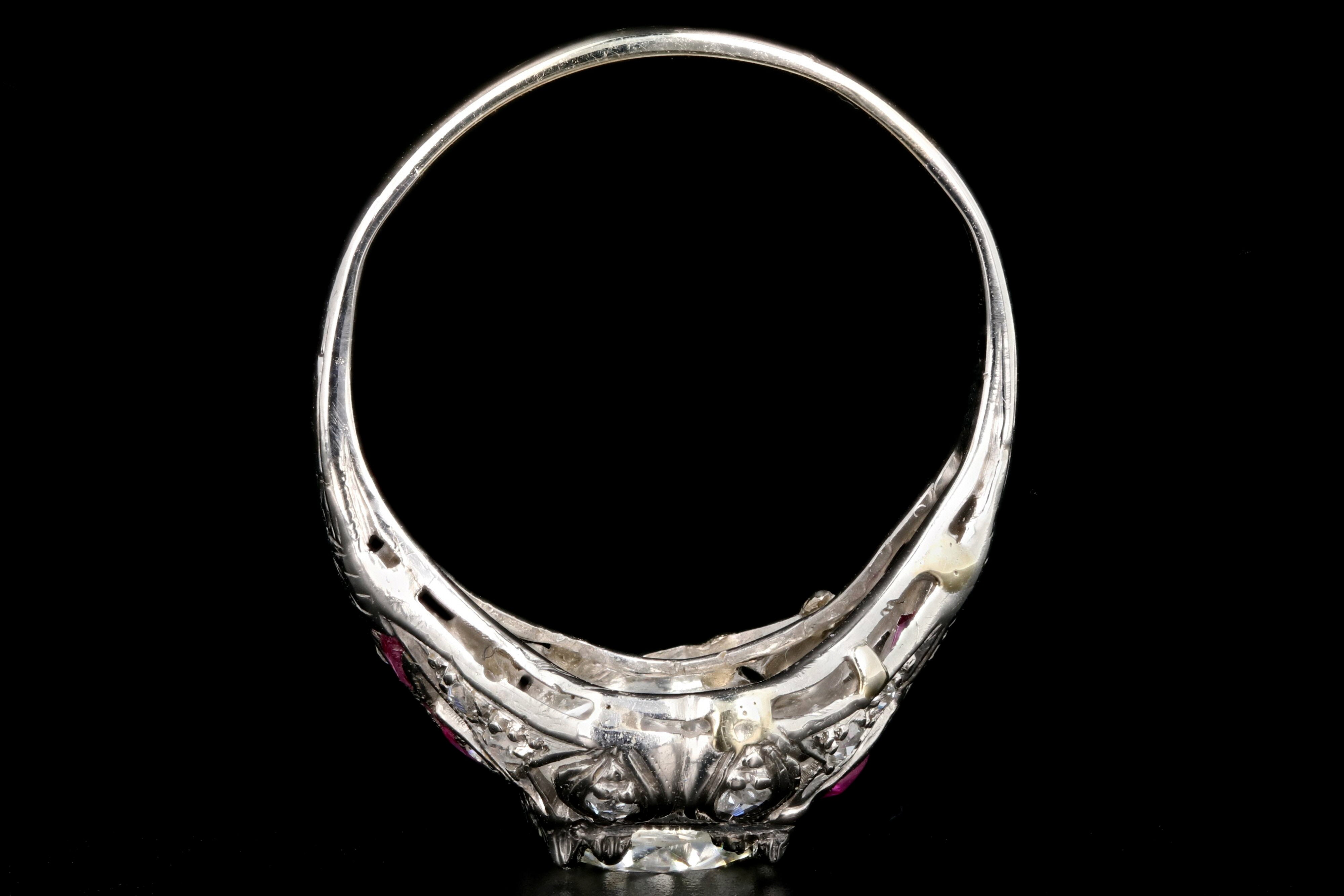 Art Deco 14K White Gold .97 Carat Transition Cut Diamond and Ruby Engagement Ring - Queen May