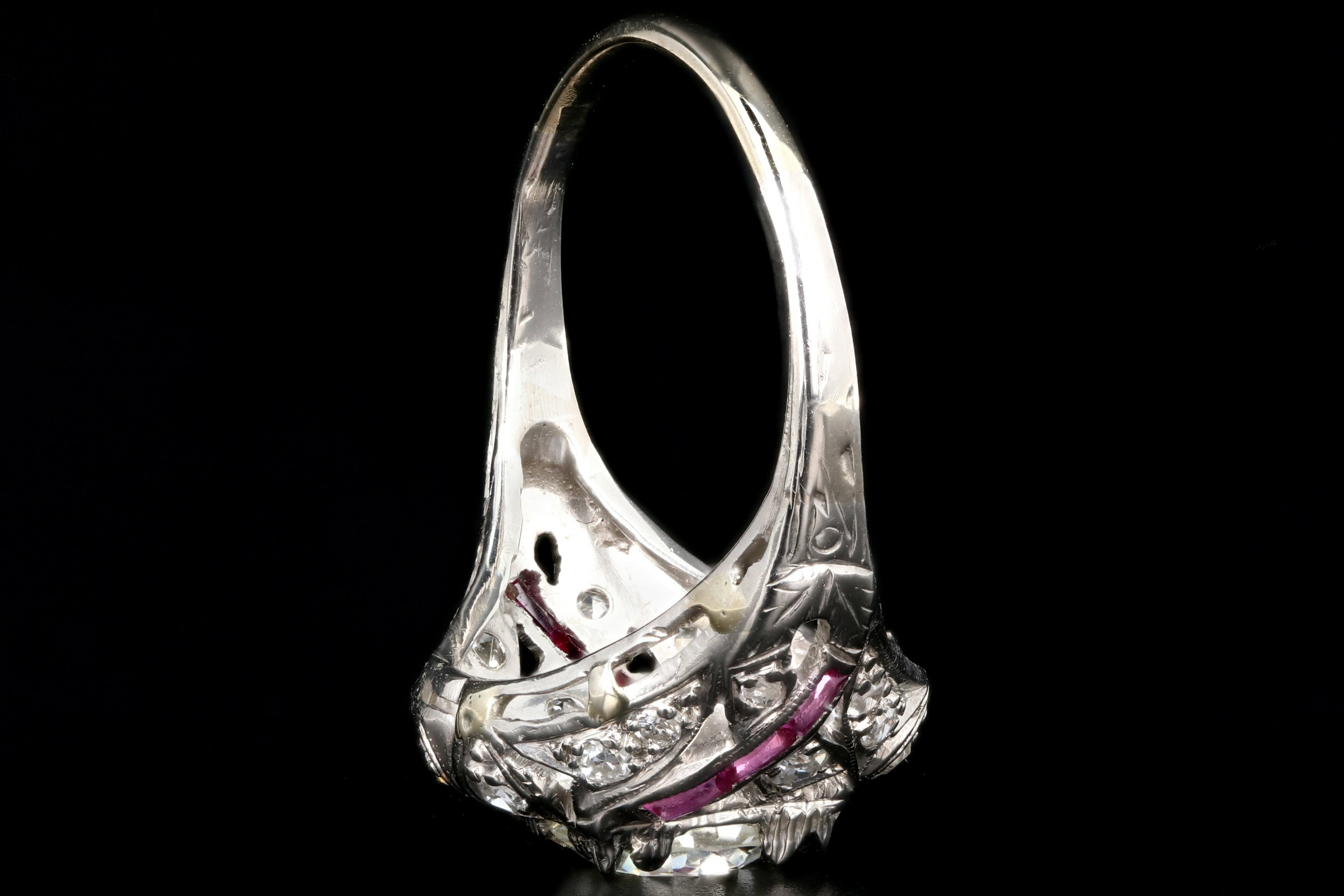 Art Deco 14K White Gold .97 Carat Transition Cut Diamond and Ruby Engagement Ring - Queen May