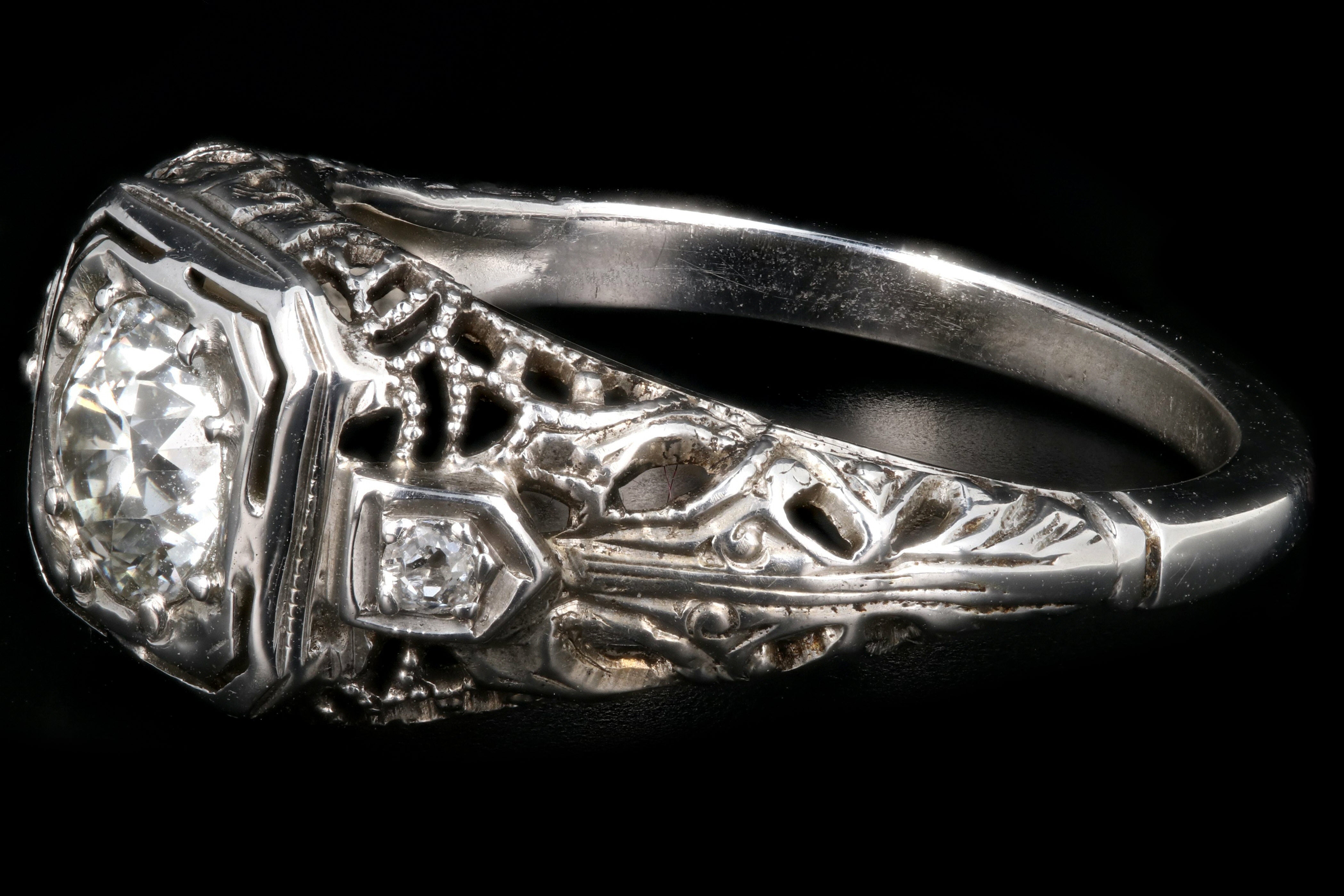 Art Deco 18K White Gold .63 Carat Old European Cut Diamond Engagement Ring - Queen May