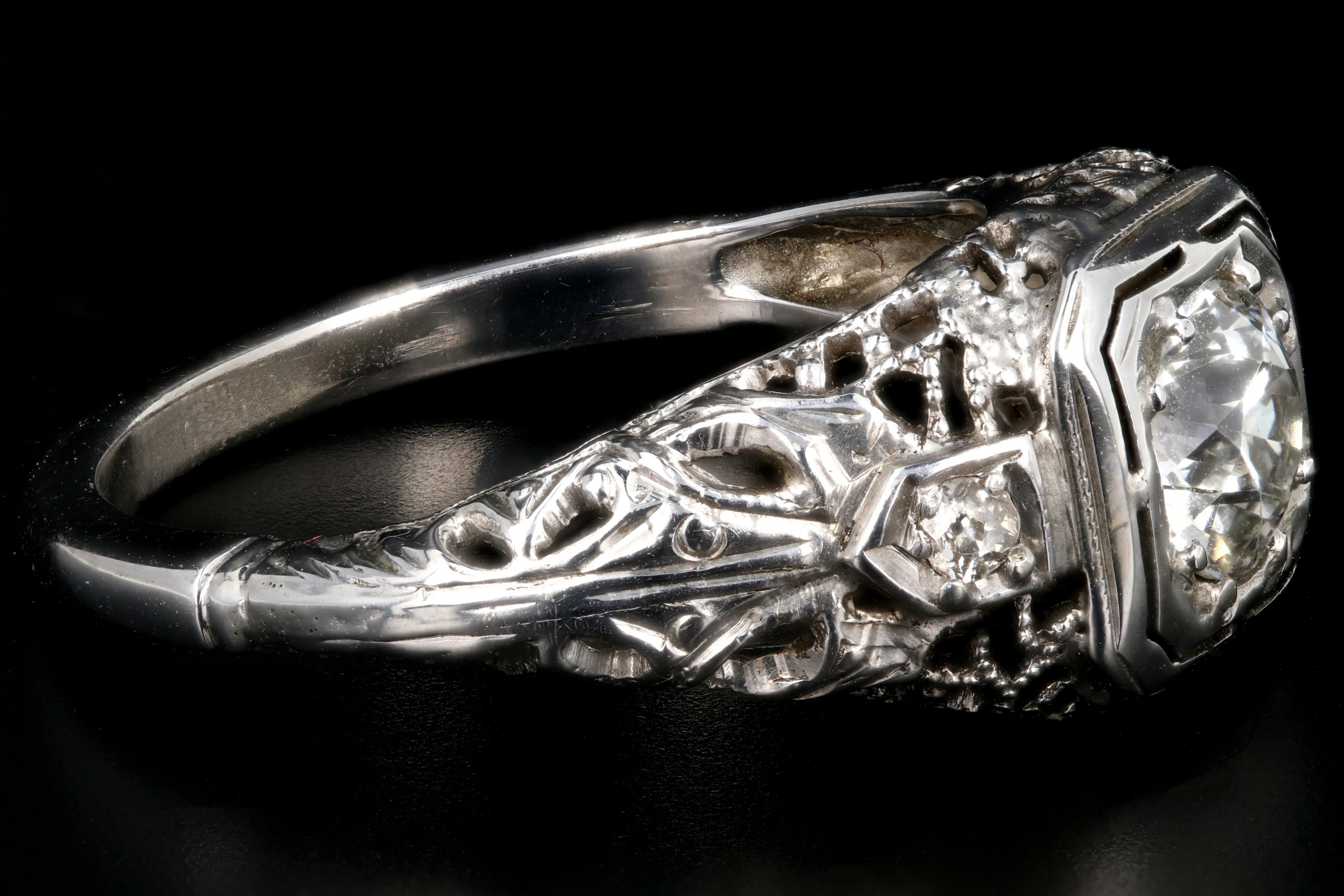 Art Deco 18K White Gold .63 Carat Old European Cut Diamond Engagement Ring - Queen May