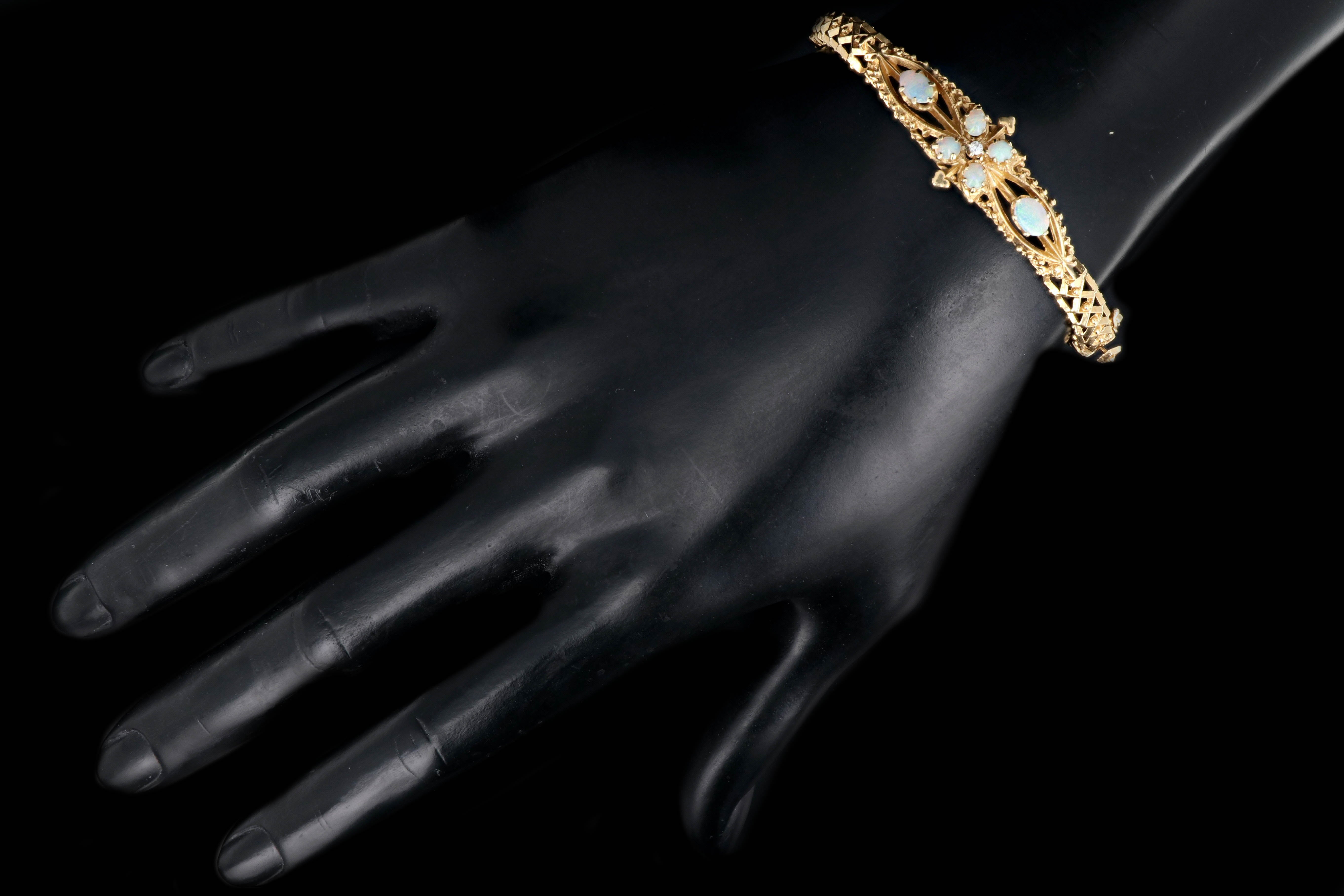 Vintage 14K Yellow Gold Opal and Diamond Bangle - Queen May