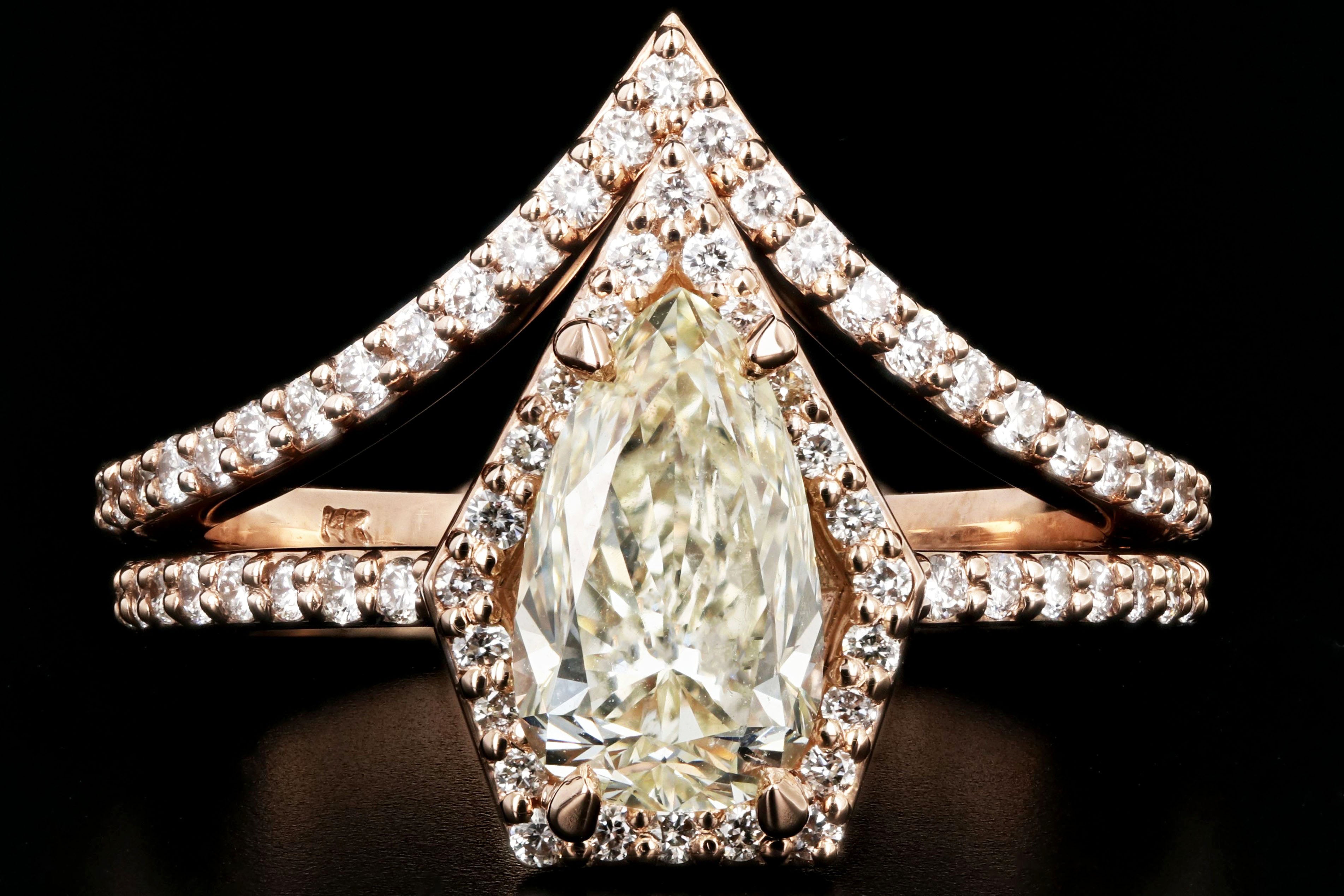 14K Rose Gold Pear Diamond Halo Engagement Ring w/ Matching Jacket Band Set - Queen May