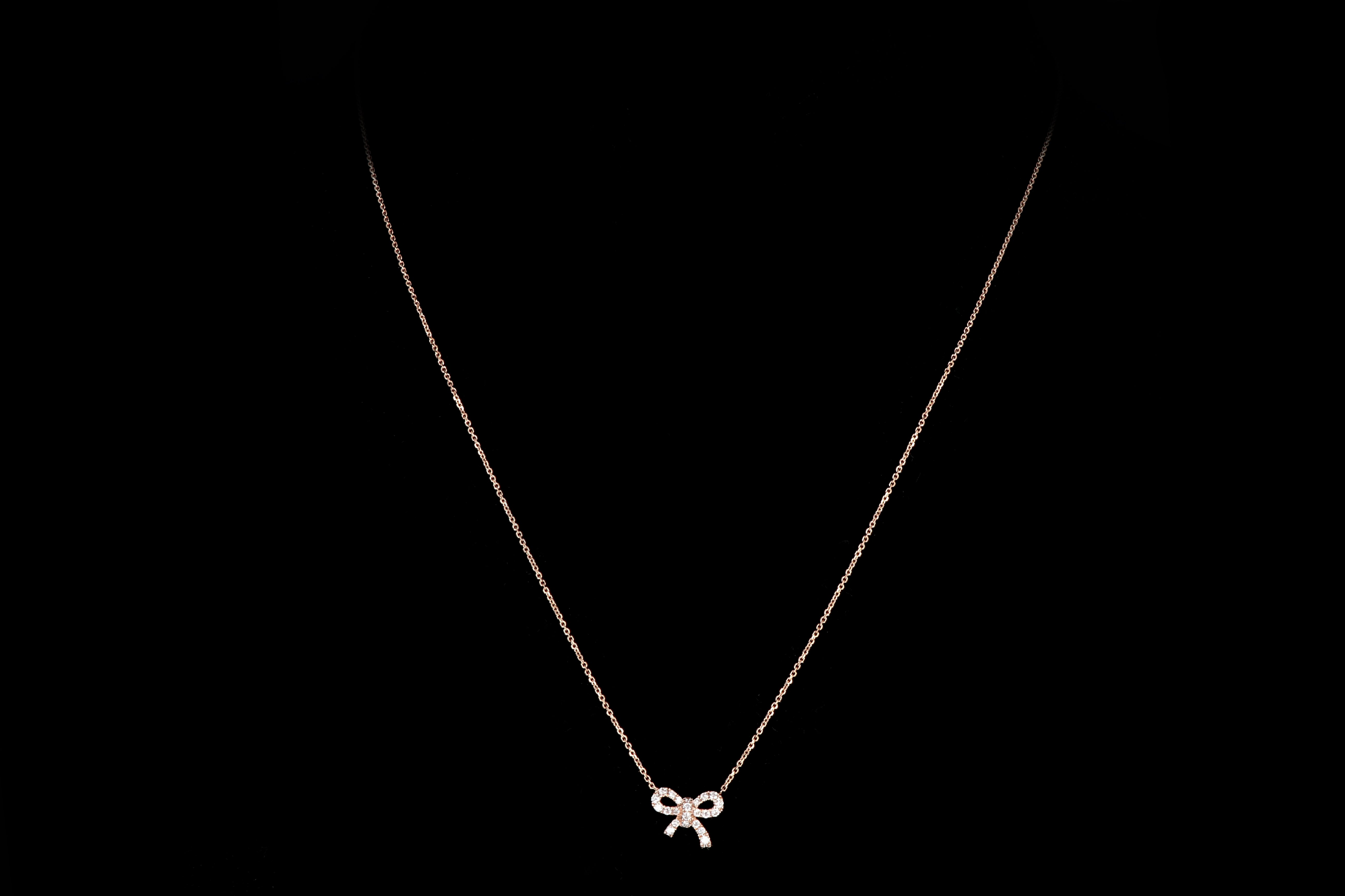 New 14K Rose Gold Round Brilliant Cut Bow Diamond Necklace - Queen May