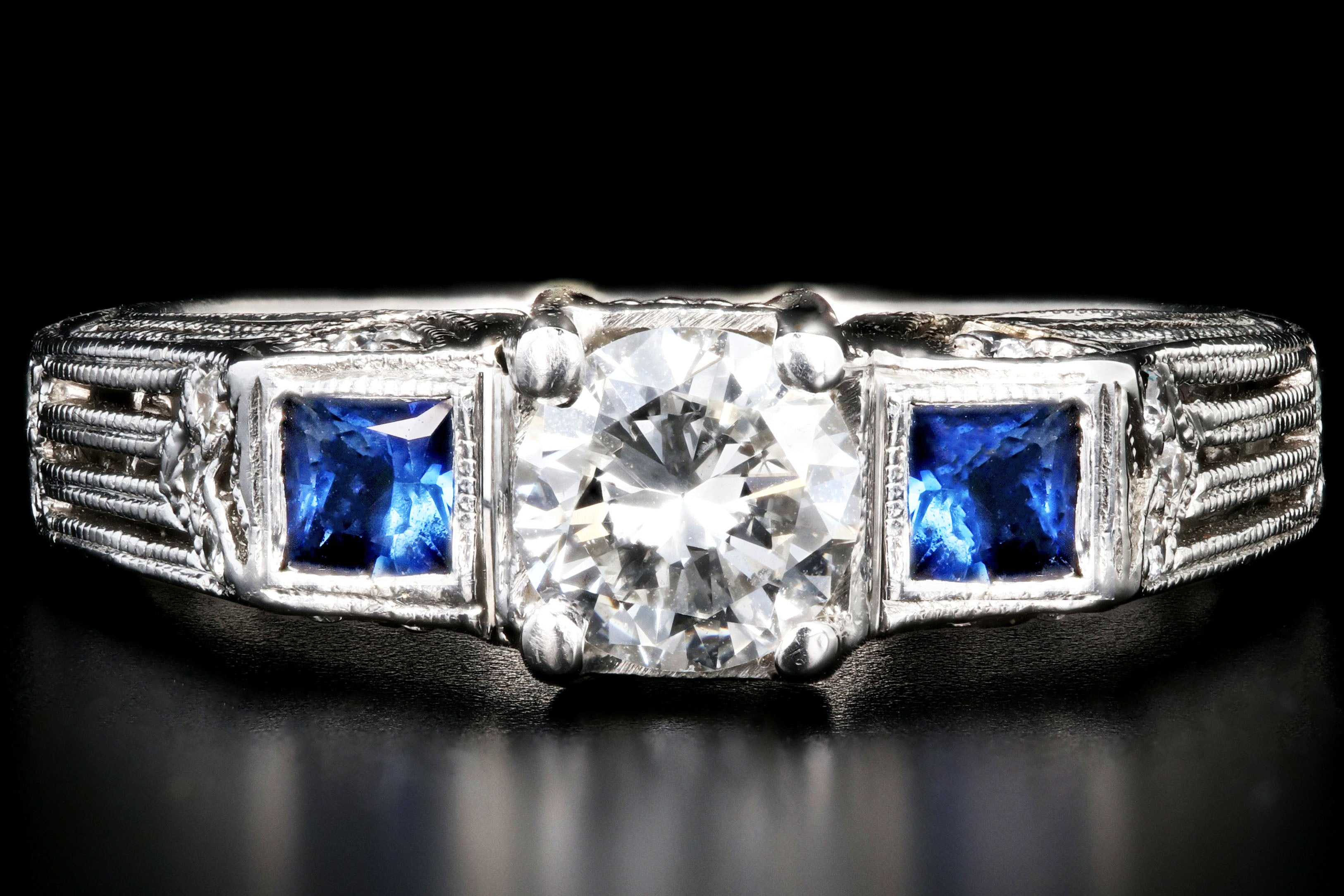 Art Deco Inspired 18K White Gold .50 Carat Diamond and Sapphire Ring - Queen May