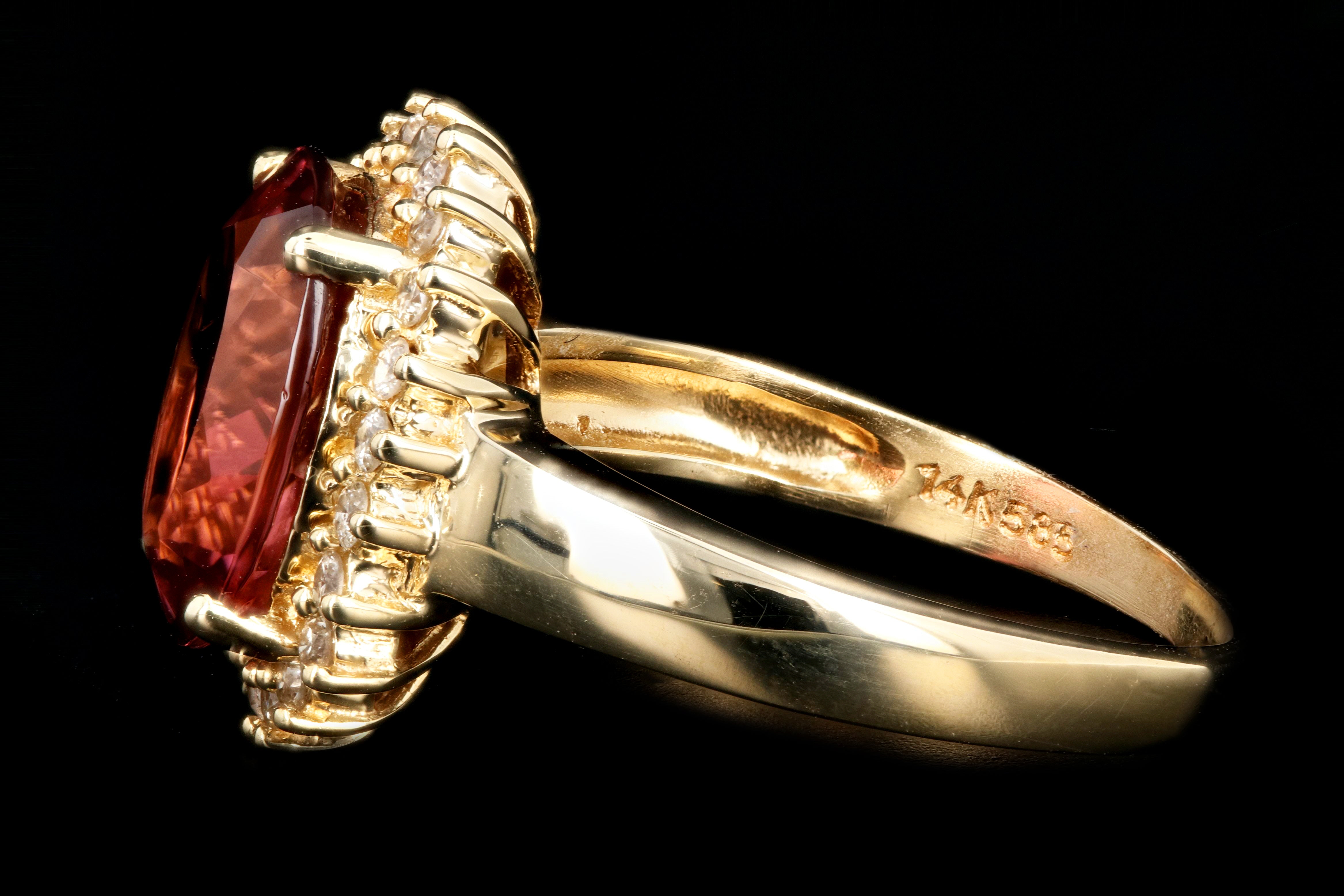 Modern 14K Yellow Gold 3.5 Carat Pink Tourmaline Diamond Halo Ring - Queen May