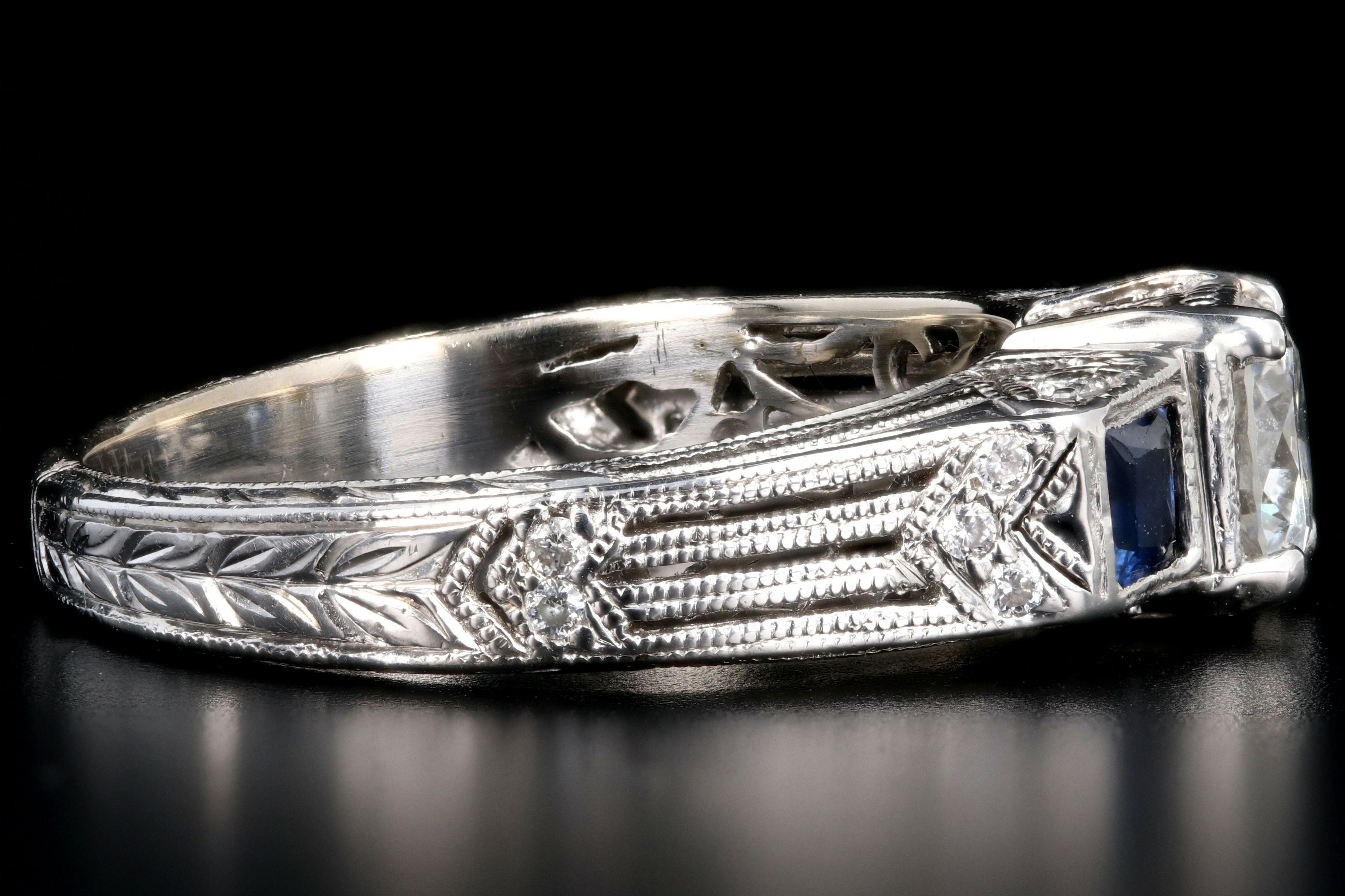 Art Deco Inspired 18K White Gold .50 Carat Diamond and Sapphire Ring - Queen May