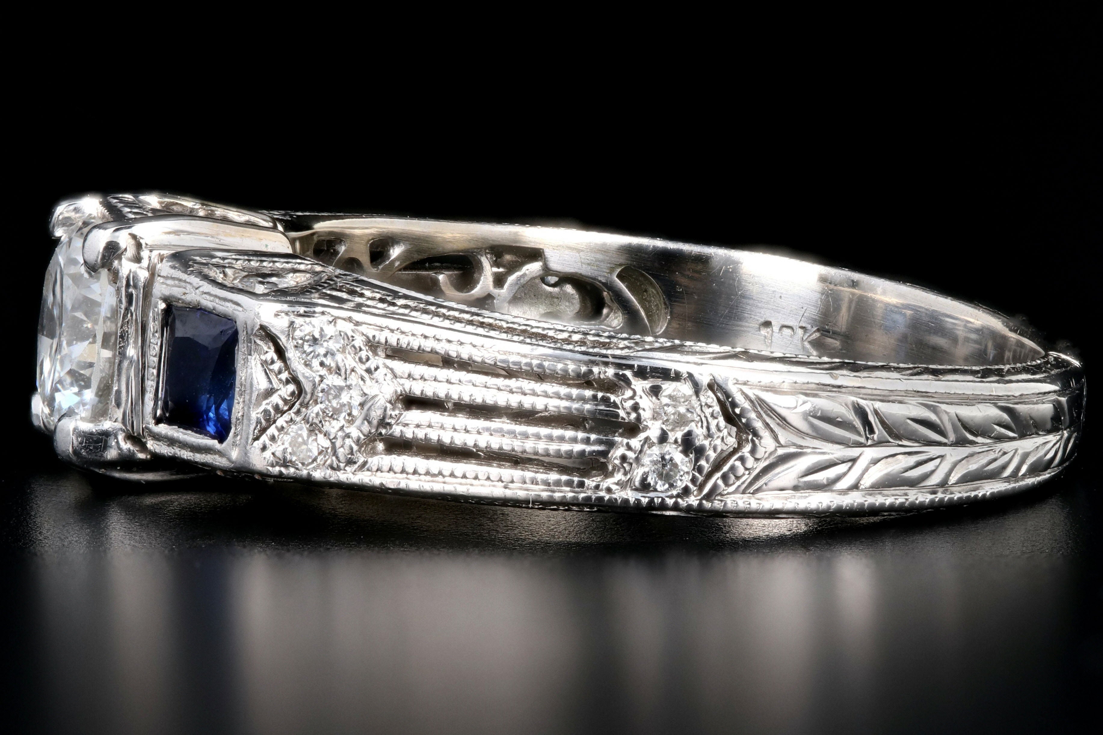 Art Deco Inspired 18K White Gold .50 Carat Diamond and Sapphire Ring - Queen May