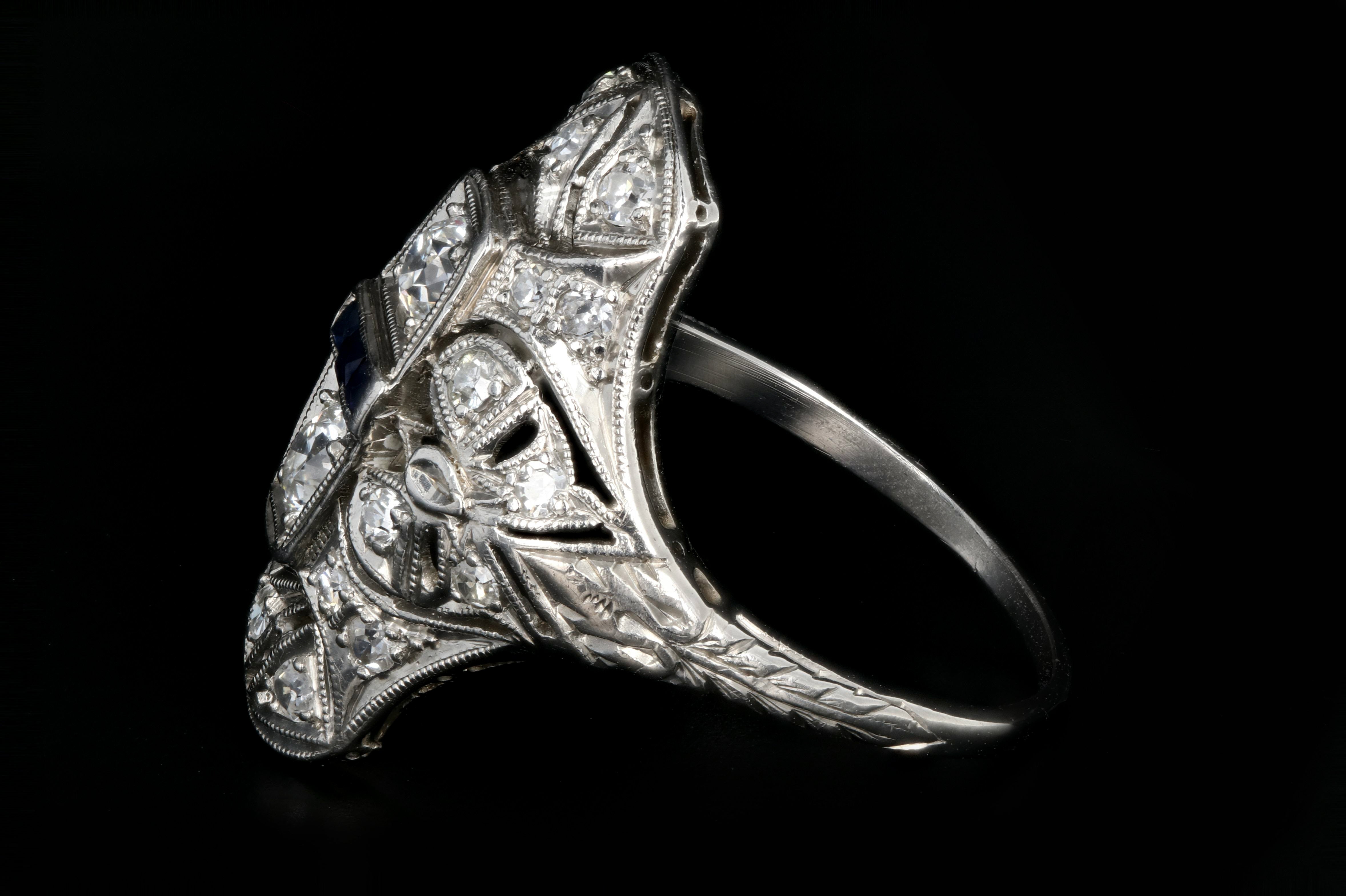 Art Deco Platinum .9 Carat Old European Cut Diamond and Sapphire Shield Style Ring - Queen May