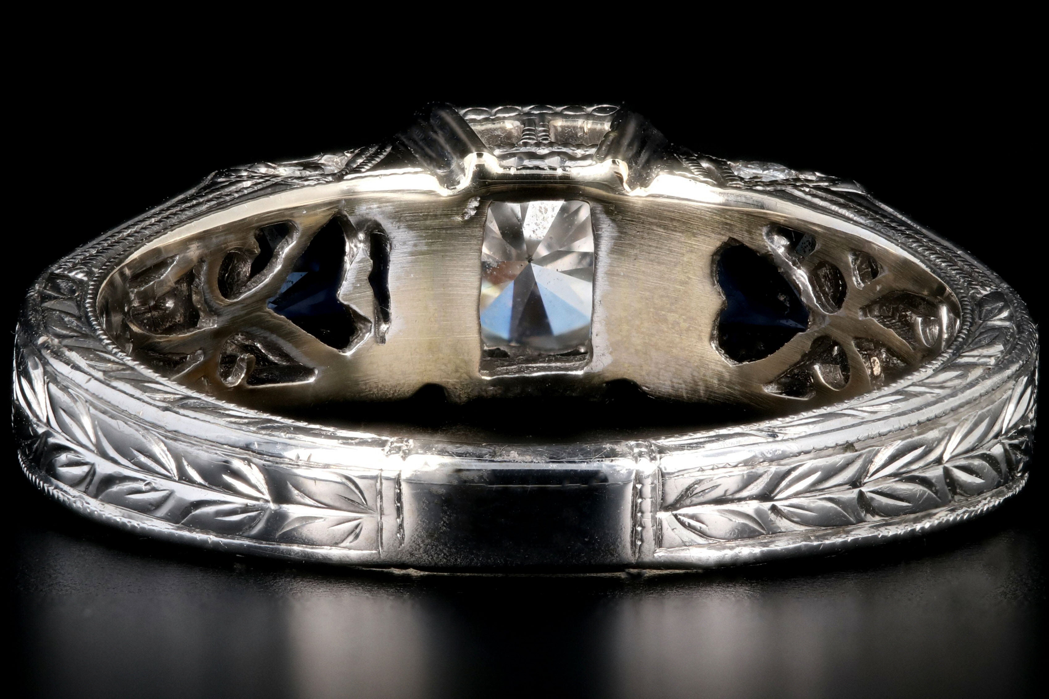 Art Deco Inspired 18K White Gold .50 Carat Diamond and Sapphire Ring - Queen May