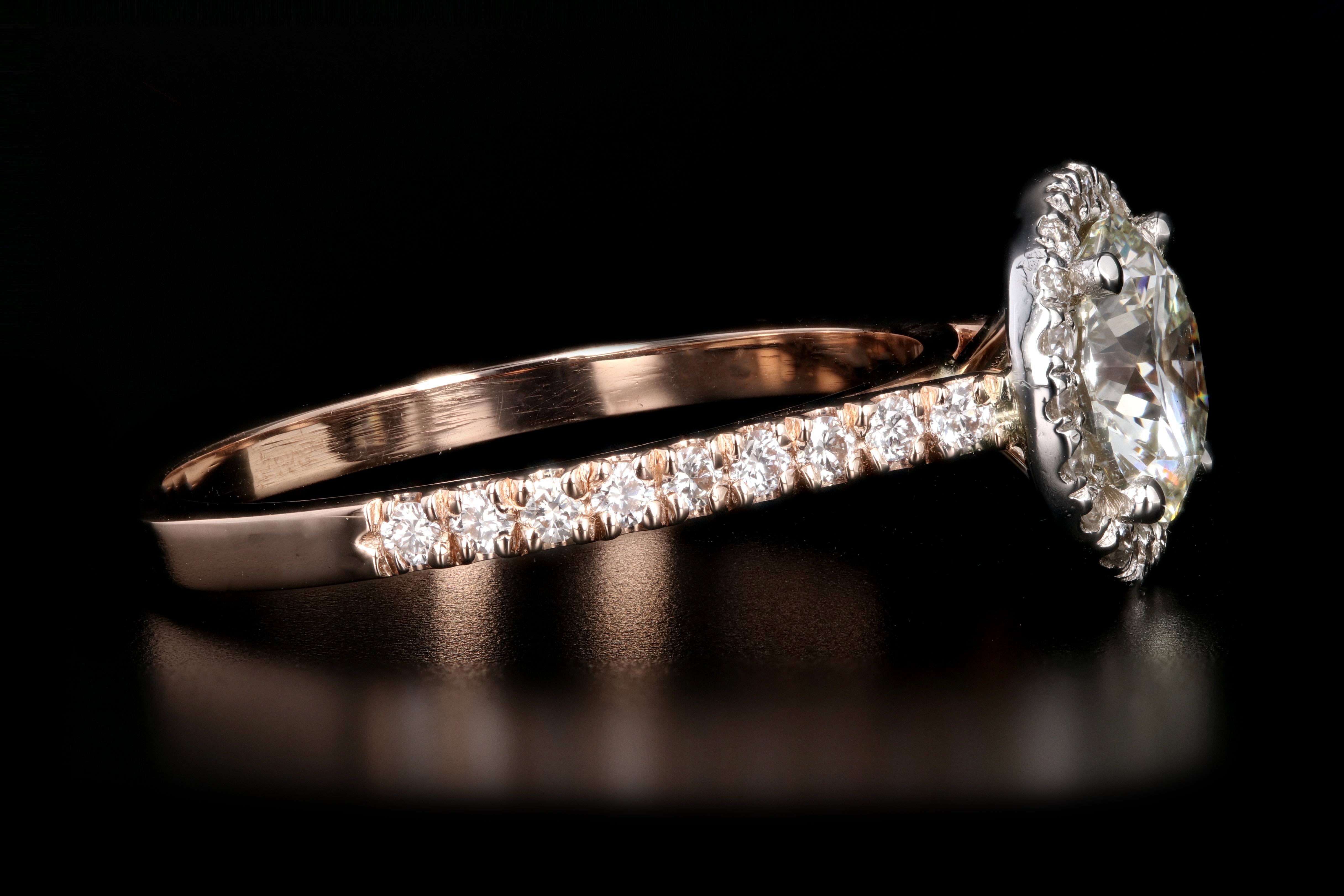 New 18K Rose Gold 1.23 Carat Round Brilliant Cut Halo Diamond Engagement Ring GIA Certified - Queen May