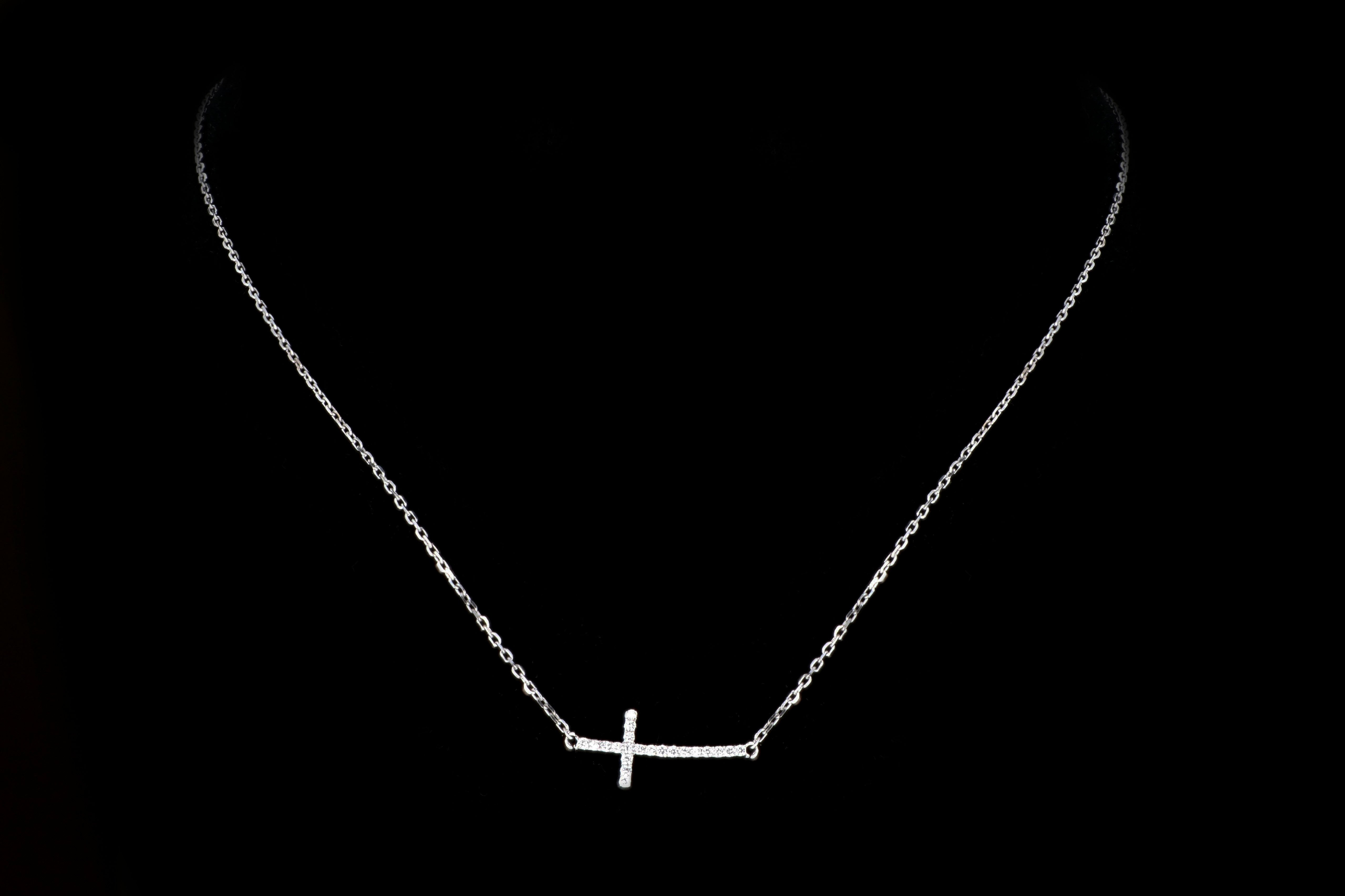 New 14K White Gold .16 Carat Diamond Cross Necklace - Queen May