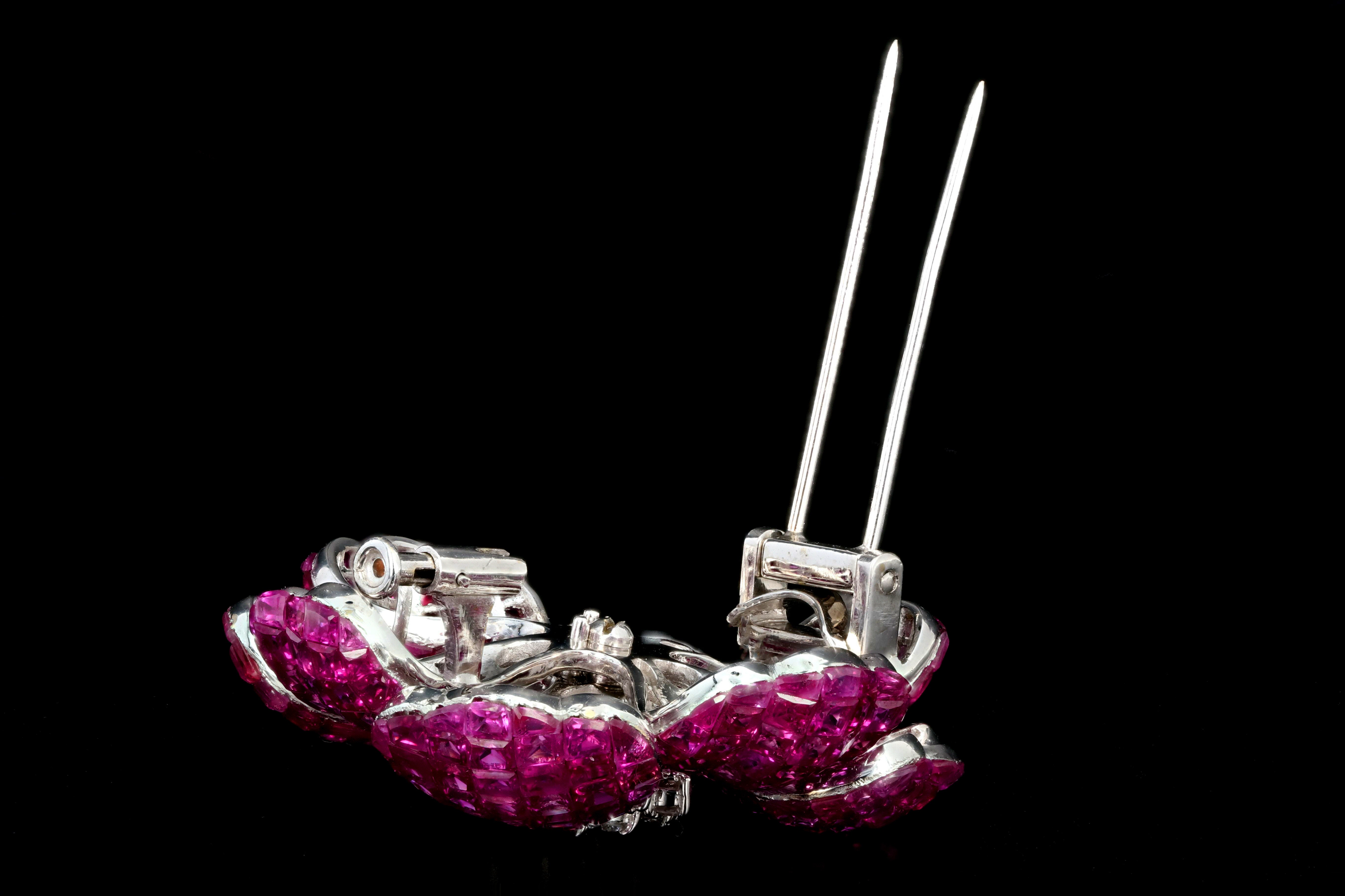 Retro 18K White Gold 25 Carat Ruby and 1 Carat Diamond Flower Brooch - Queen May