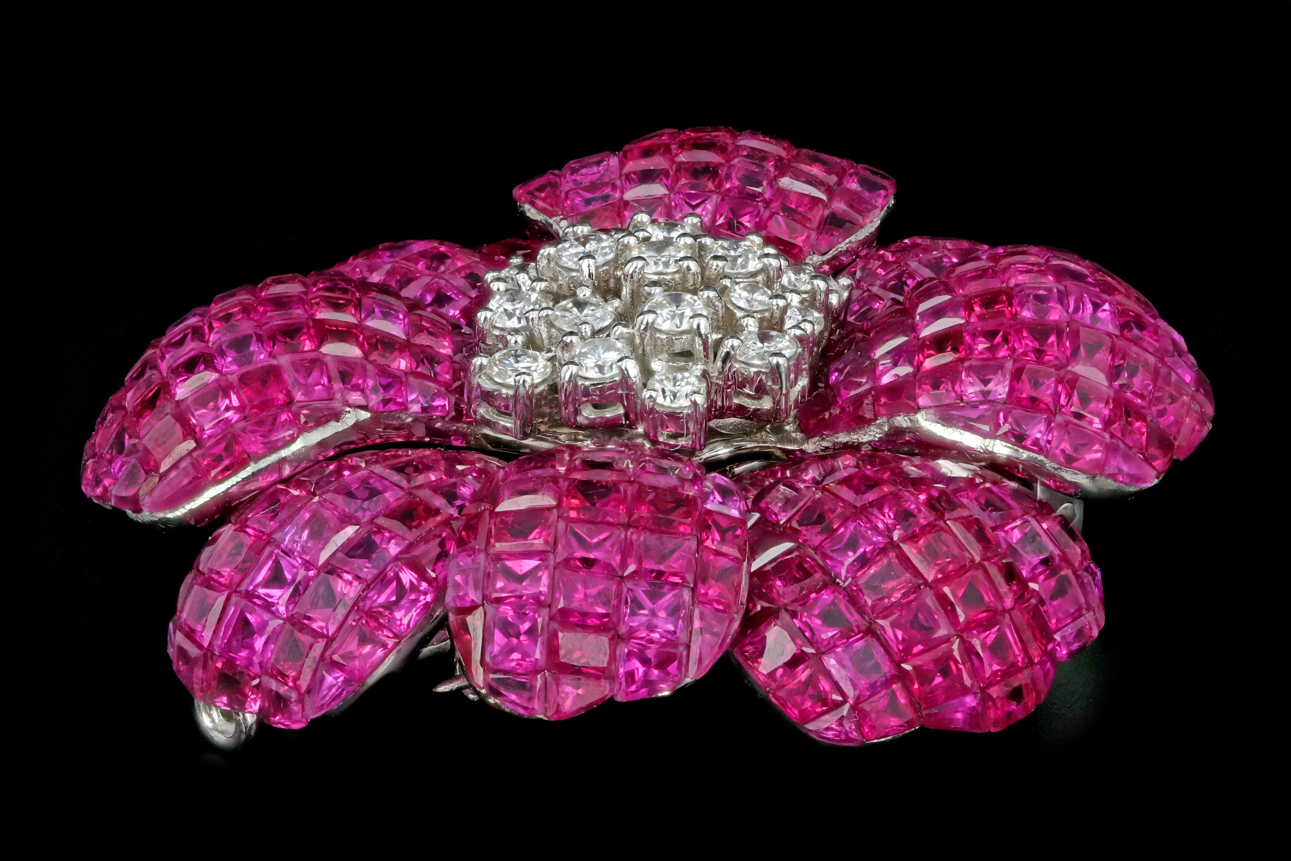 Retro 18K White Gold 25 Carat Ruby and 1 Carat Diamond Flower Brooch - Queen May