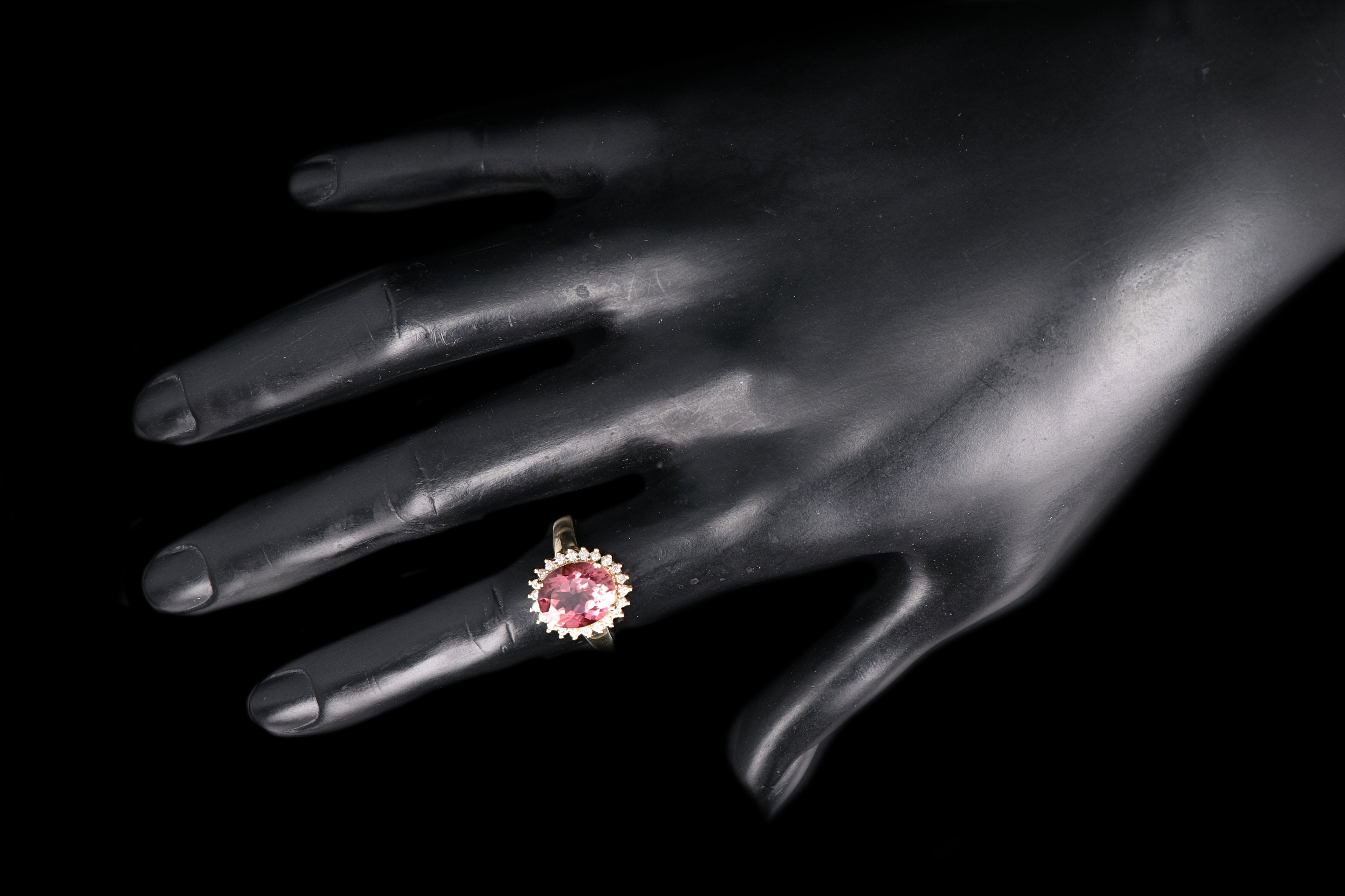 Modern 14K Yellow Gold 3.5 Carat Pink Tourmaline Diamond Halo Ring - Queen May