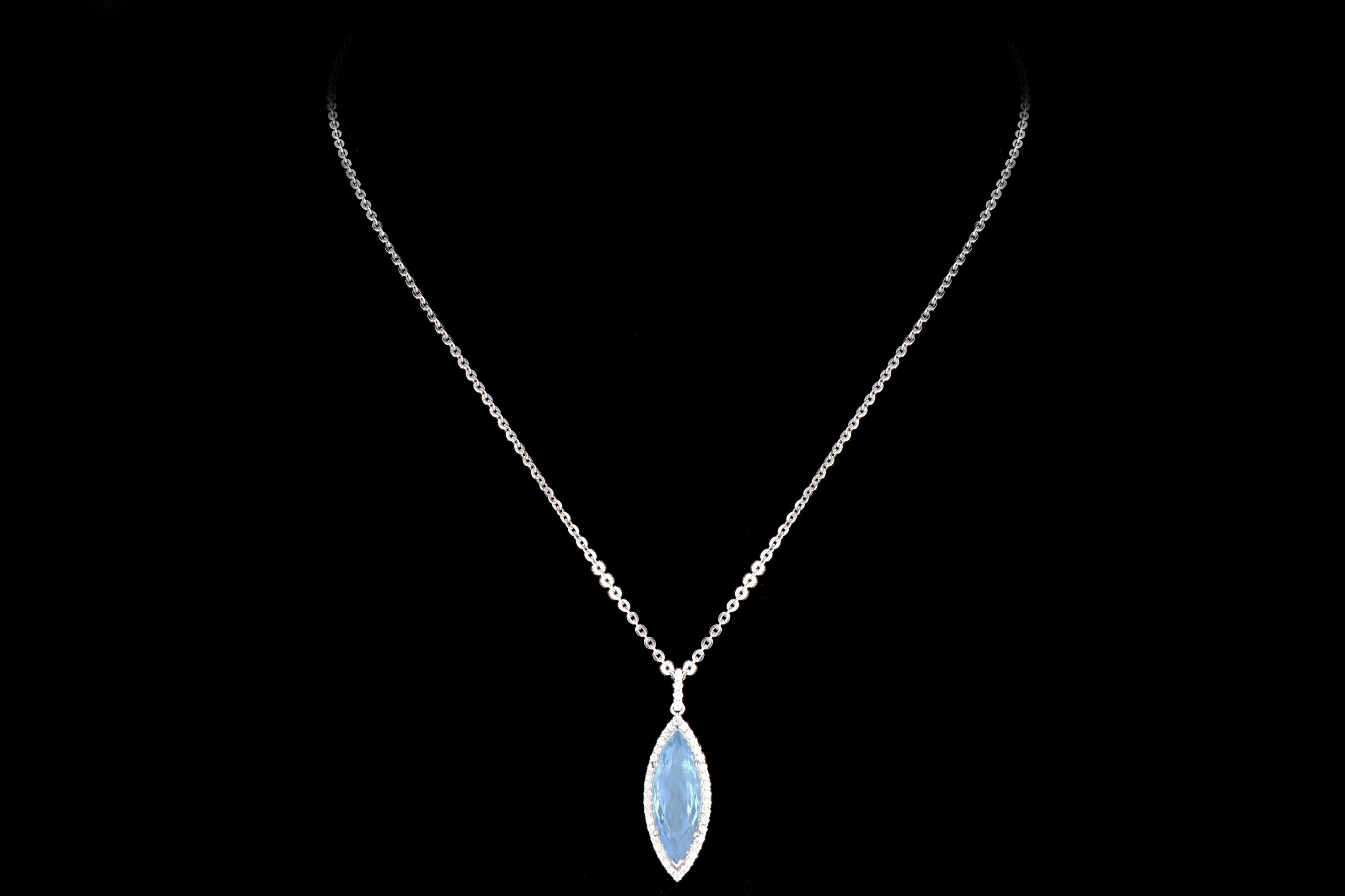 New 14K White Gold 4.47 Carat Marquise Cut Aquamarine and Diamond Halo Necklace - Queen May