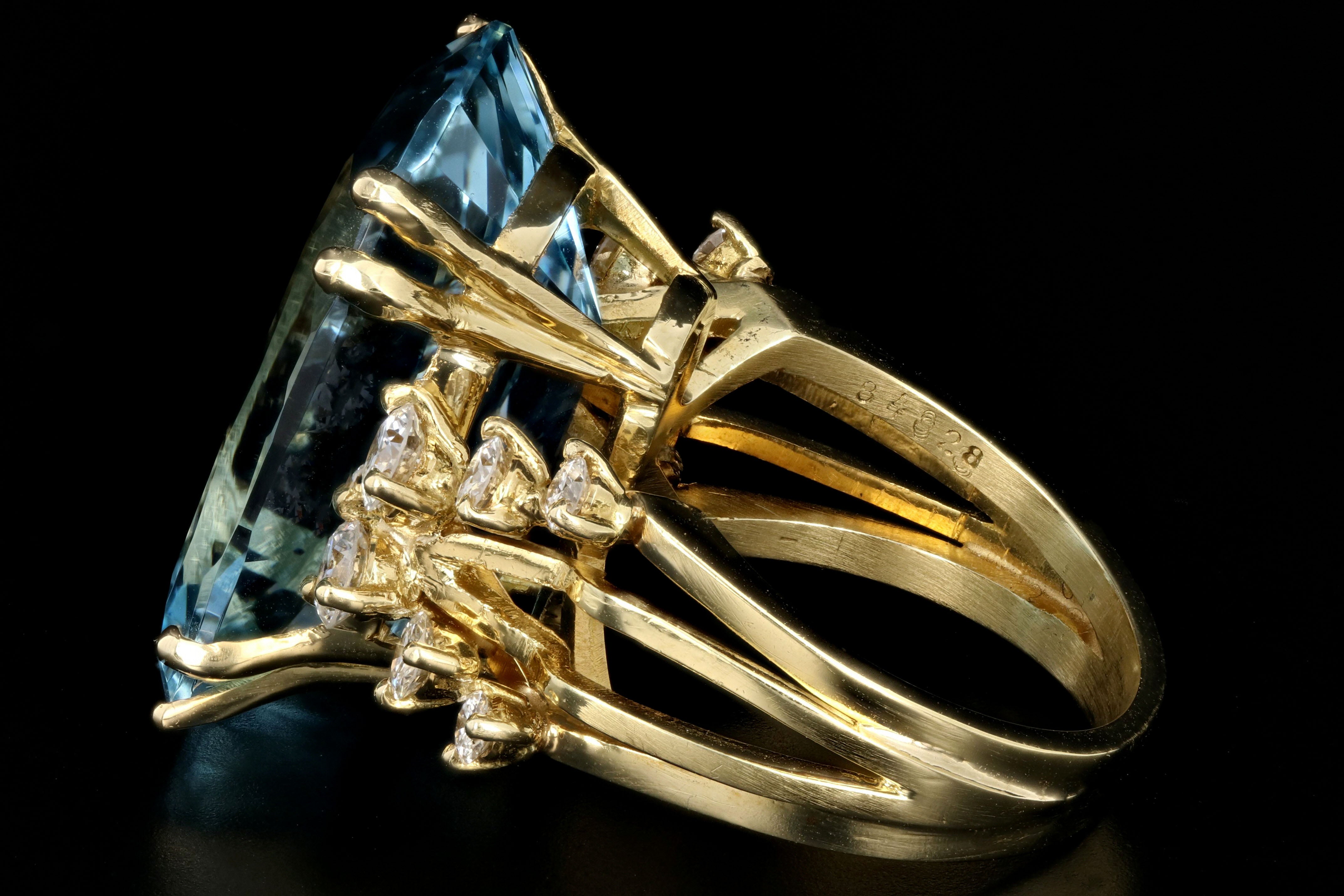 Signed Kurt Wayne 18K Yellow Gold 21 Carat Aquamarine and Diamond Ring Cocktail Ring - Queen May
