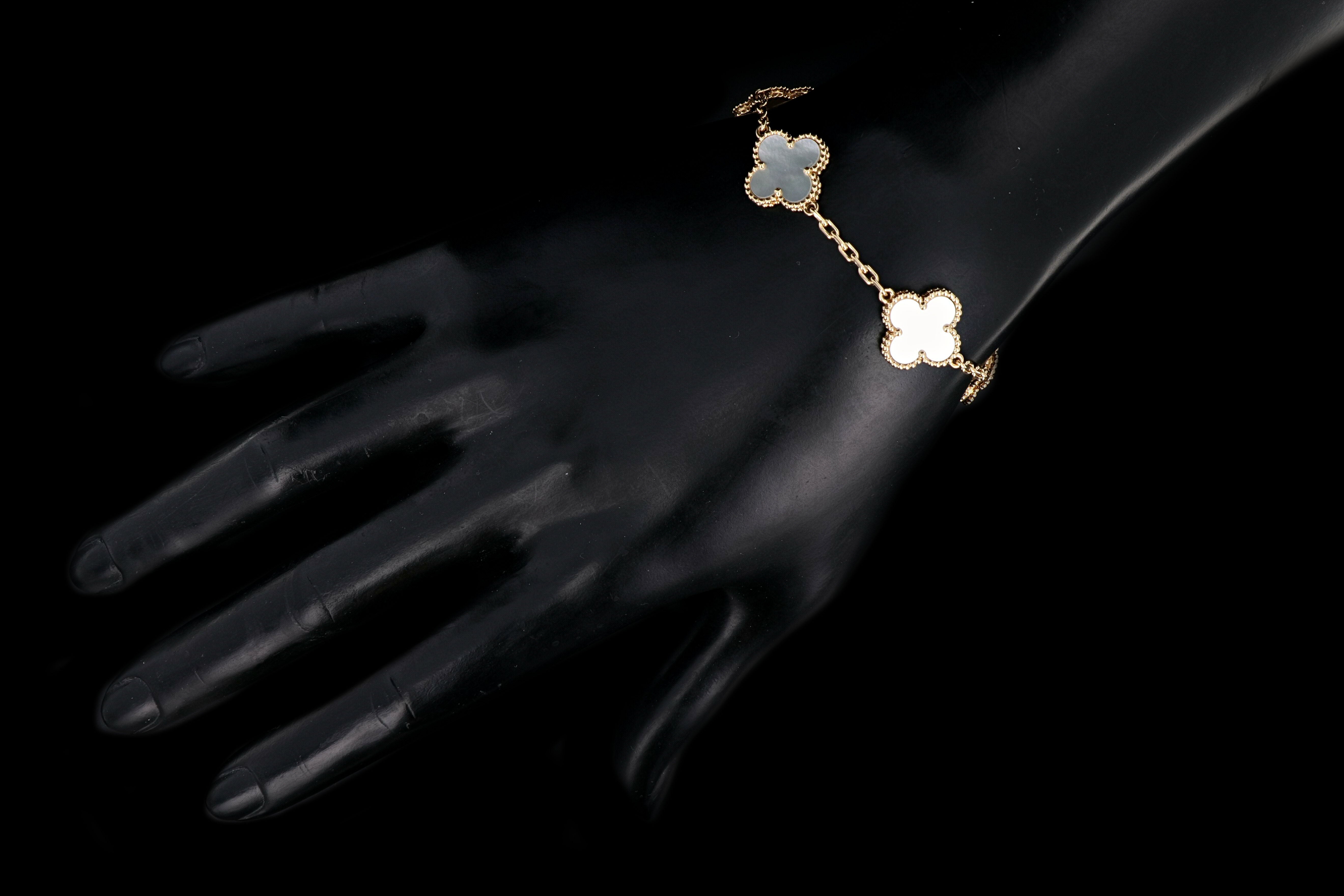 Van Cleef & Arpels Mother of Pearl Alhambra 18K Yellow Gold 5 Motifs Bracelet - Queen May